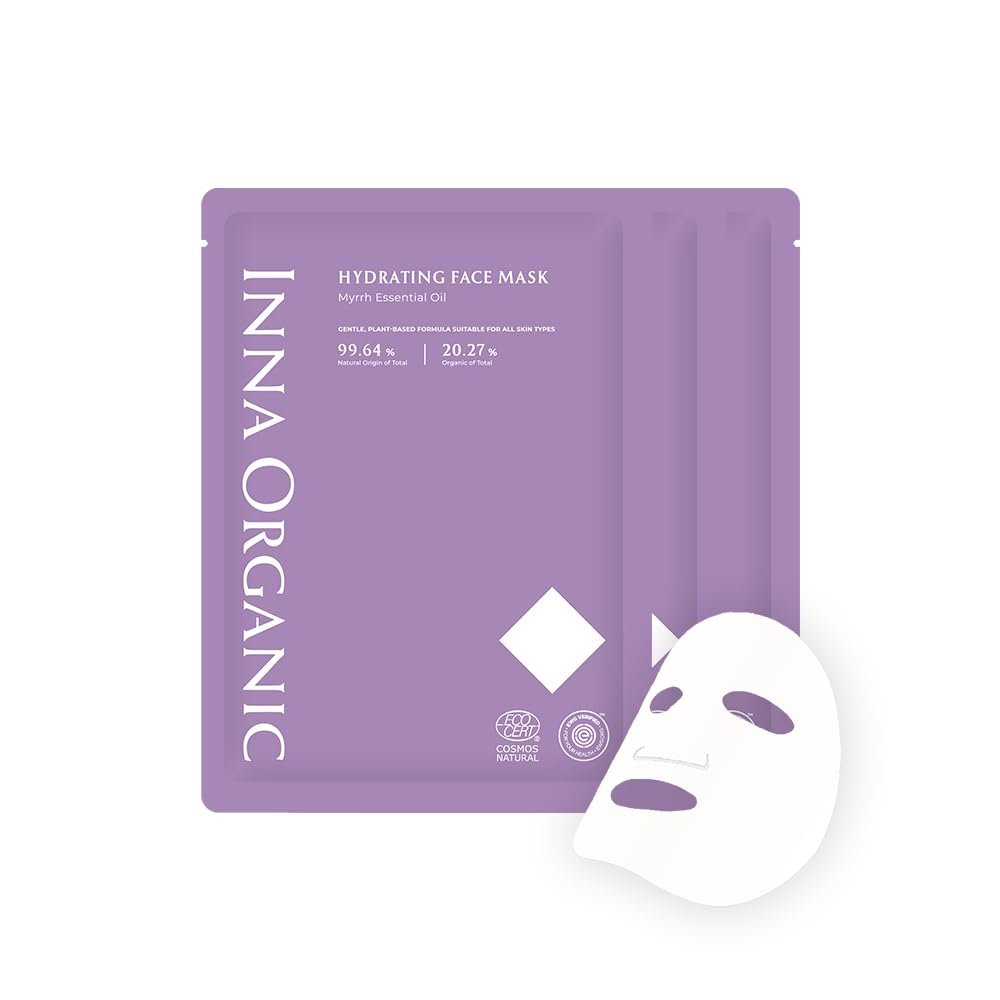 INNA ORGANIC Organic Sheet Mask – Deep Hydration & Post Microneedling Soothing | EWG & COSMOS Certified (Pack of 3) | Myrrh Essential Oils Infused Skin Care | Luxury Clean Beauty