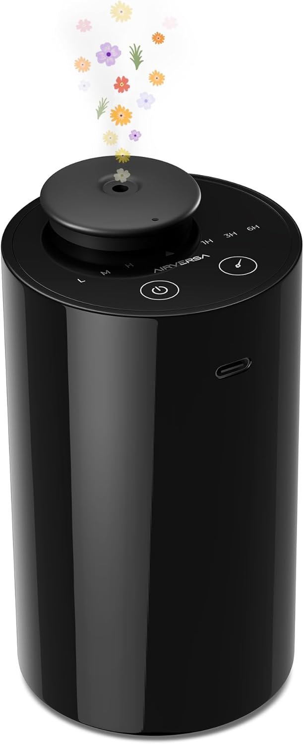 Airversa Waterless Diffuser for Essential Oil, Car Diffsuer, Battery Operated Nebulizer, 0.7 Fl Oz/ 20mL, Mini Scent Air Machine, 3 Timers & 3 Mist Levels for Home, Room, Car, Office – AN6 Black