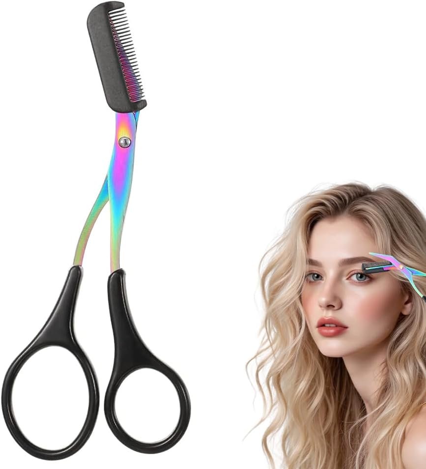 Eyebrow Trimmer Scissor, 2-in-1 Professional Eyebrow Scissor with Comb, Stainless Steel Precision Eyebrow Cutter, Curved Eye Brow Razor, Portable Hair Removal Makeup Tool for Women and Men (Black)