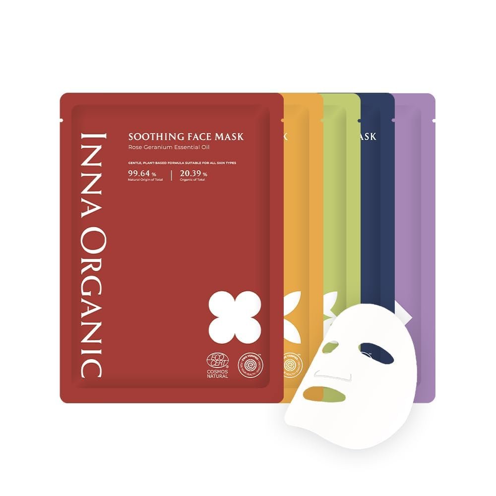 INNA ORGANIC Organic Sheet Mask Set, Certified Clean Beauty & Non Toxic Face Mask Set for Women, Anti-aging & Hydrating, EWG & COSMOS Certified, Vegan, Sensitive Skin Friendly, Essential Oil Infused