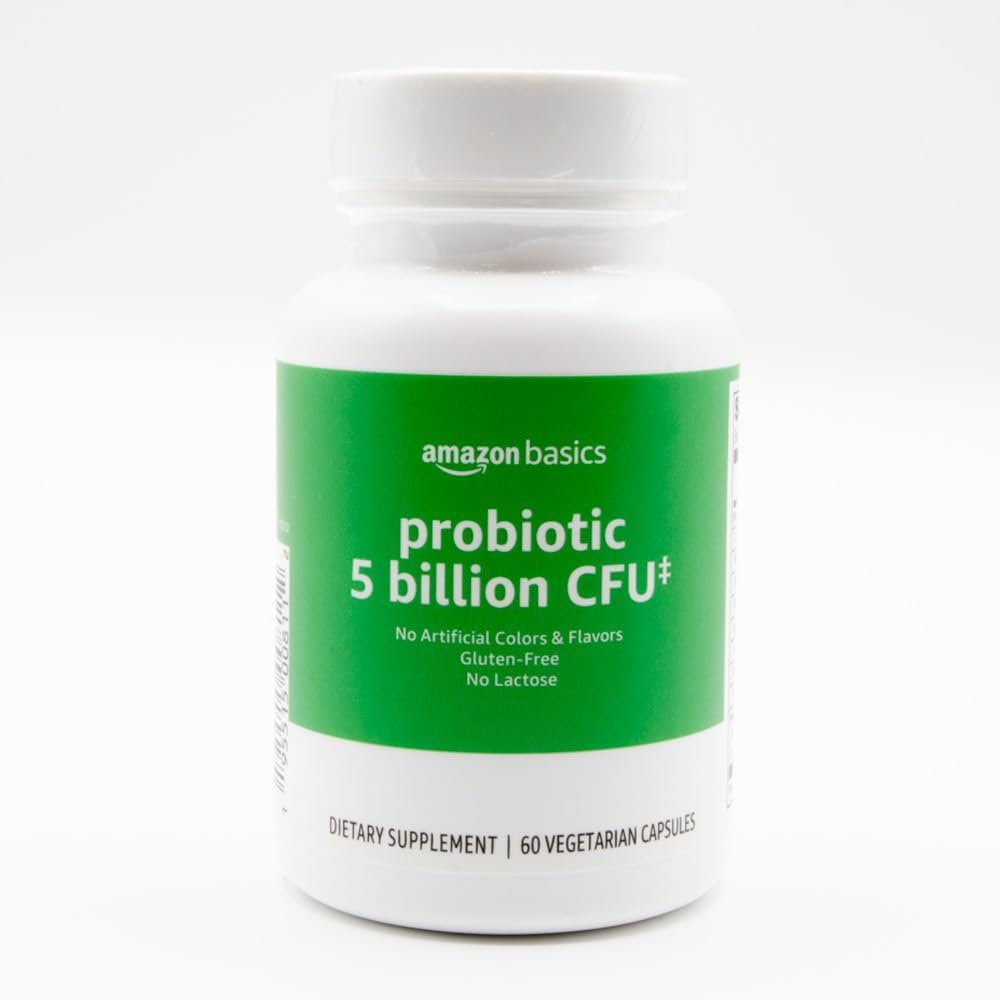 Amazon Basics Probiotic, 5 Billion CFU, No Artificial Colors & Flavors, Gluten-Free, 60 Vegetarian Capsule, Probiotics for Digestive Health