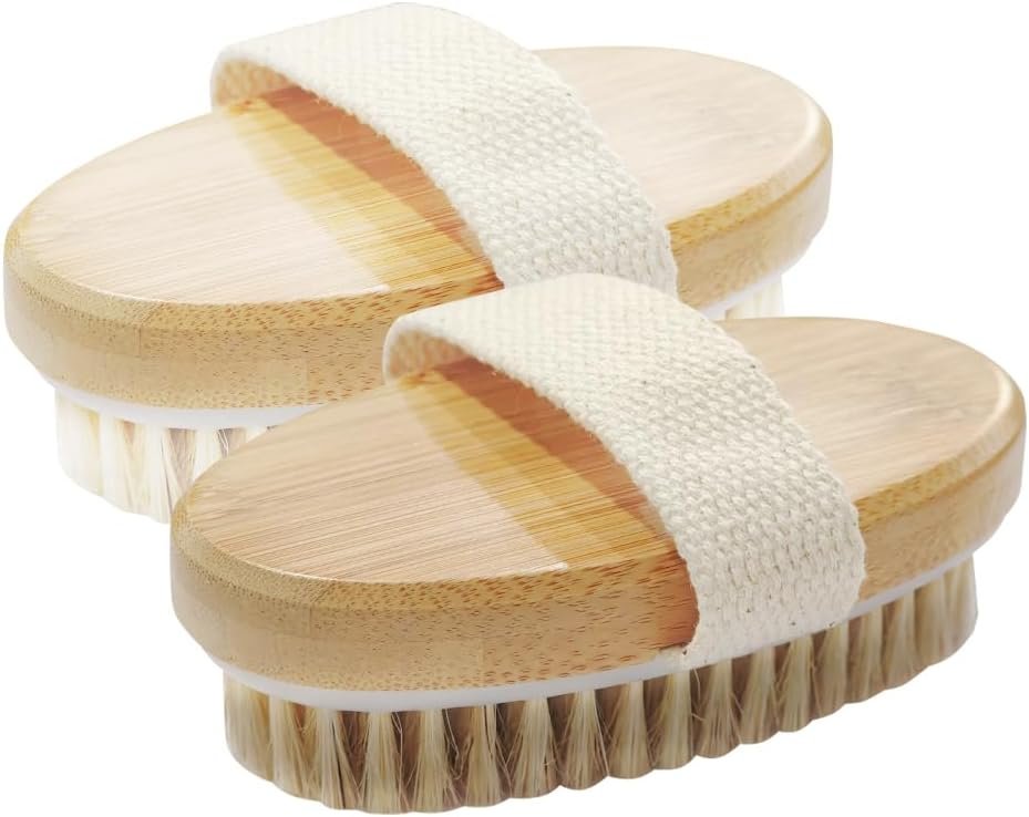 2 Pack Dry Brushing Body Brush for Lymphatic Natural Bristle Exfoliating with Massage Nodes Blood Circulation Improvement