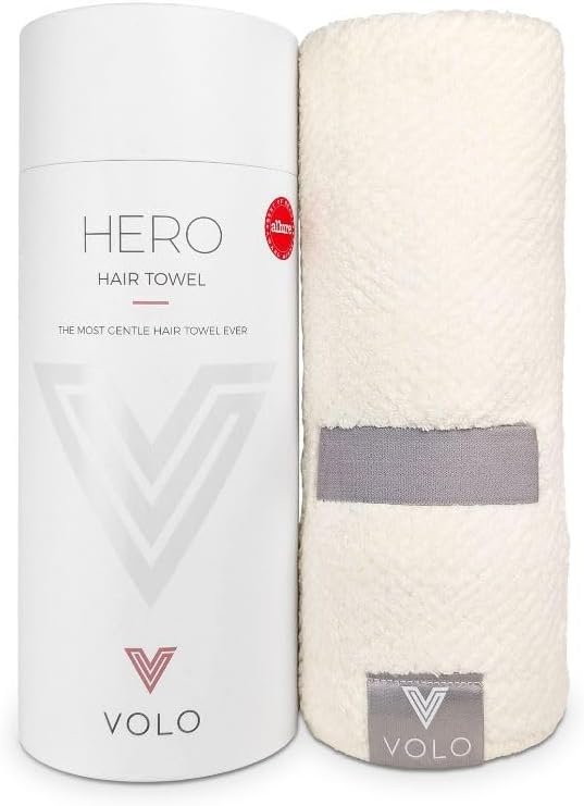 VOLO Hero Hair Towel – Ultra Soft Nanoweave™ Microfiber, Super Absorbent Quick Dry, Reduces Dry Time 50%, Anti-Frizz & Breakage, Secure Snug Strap, Large Wrap for All Hair Types – Salt White
