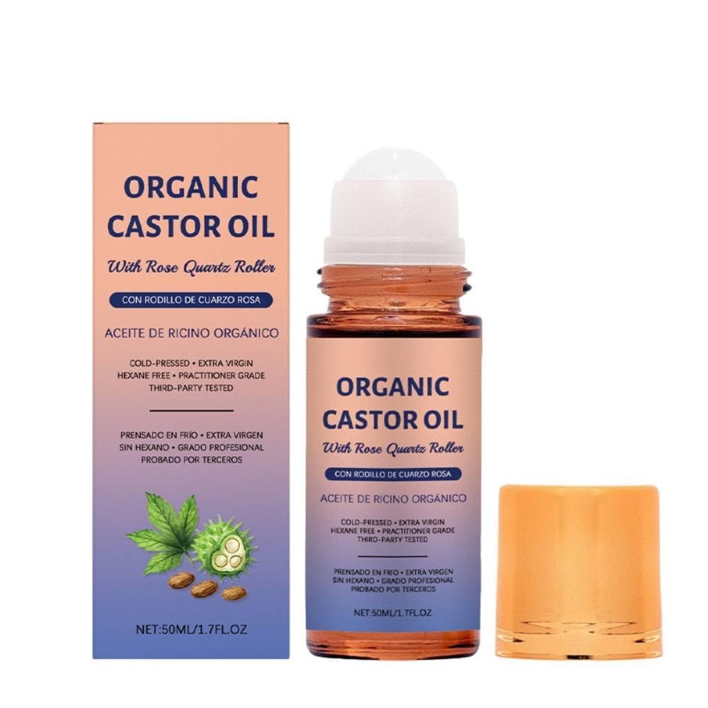 Organic Castor Oil Roll on with Rose Quartz Roller, 100% Organic Cold Pressed Castor Oil for Face and Body, Neck, Moisturize Skin 1 pc