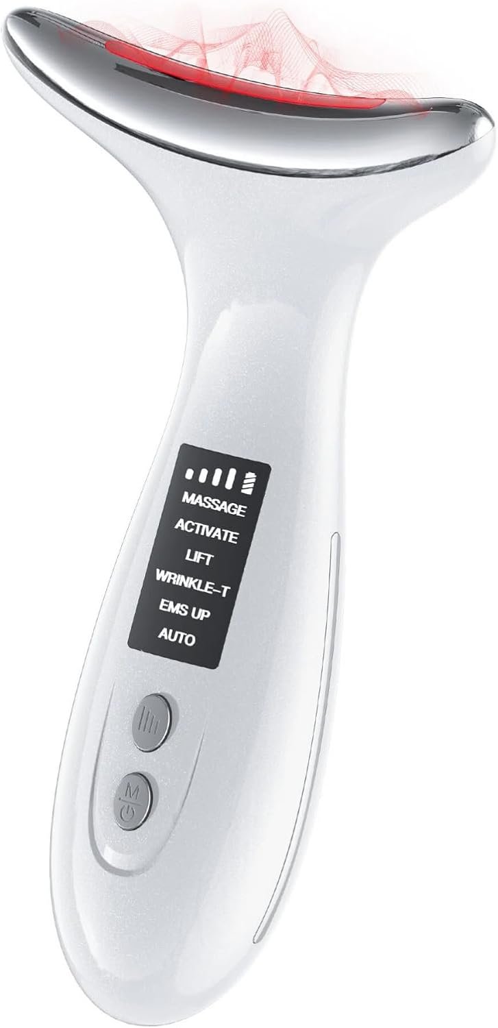7-Color LED Red Light Therapy Face & Neck Massager – Anti-Aging Facial Sculptor with Heat, Vibration, Lifting, Firming, Timer for Visible Skin Tightening, Rechargeable At-Home Beauty Device