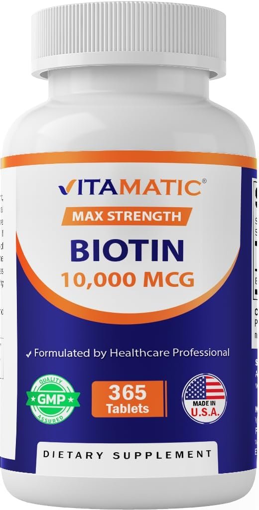 Vitamatic Biotin 10,000 mcg (10 mg) for Stronger Hair, Skin & Nails – 365 Vegan Tablets- Also Called Vitamin B7