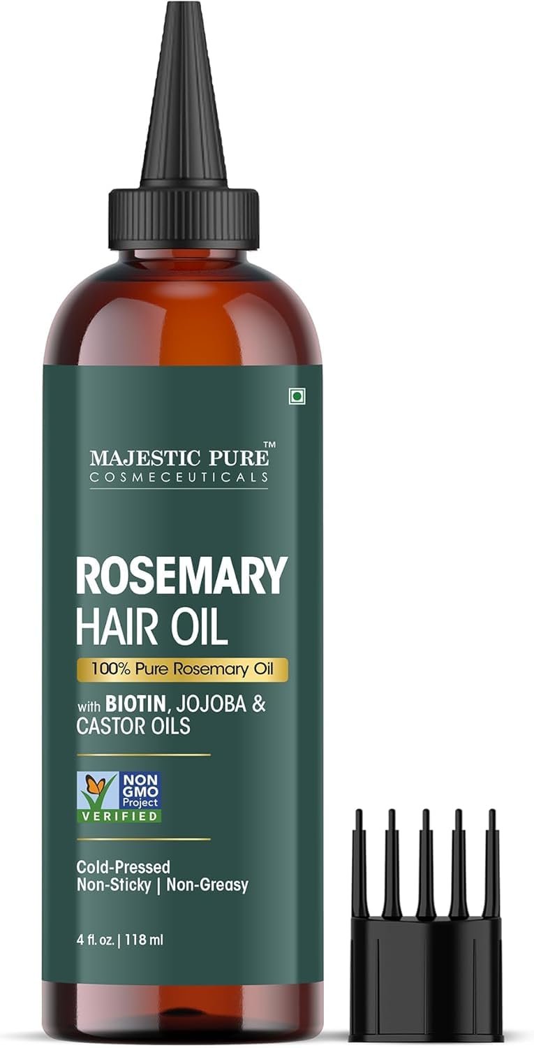 Majestic Pure 100% Pure Rosemary Oil for Hair Growth – Strengthening, Nourishing, Volumizing – Infused with Biotin Oil, Jojoba Oil & Castor Oil – Non GMO Verified – 4 Fl Oz – With Applicator