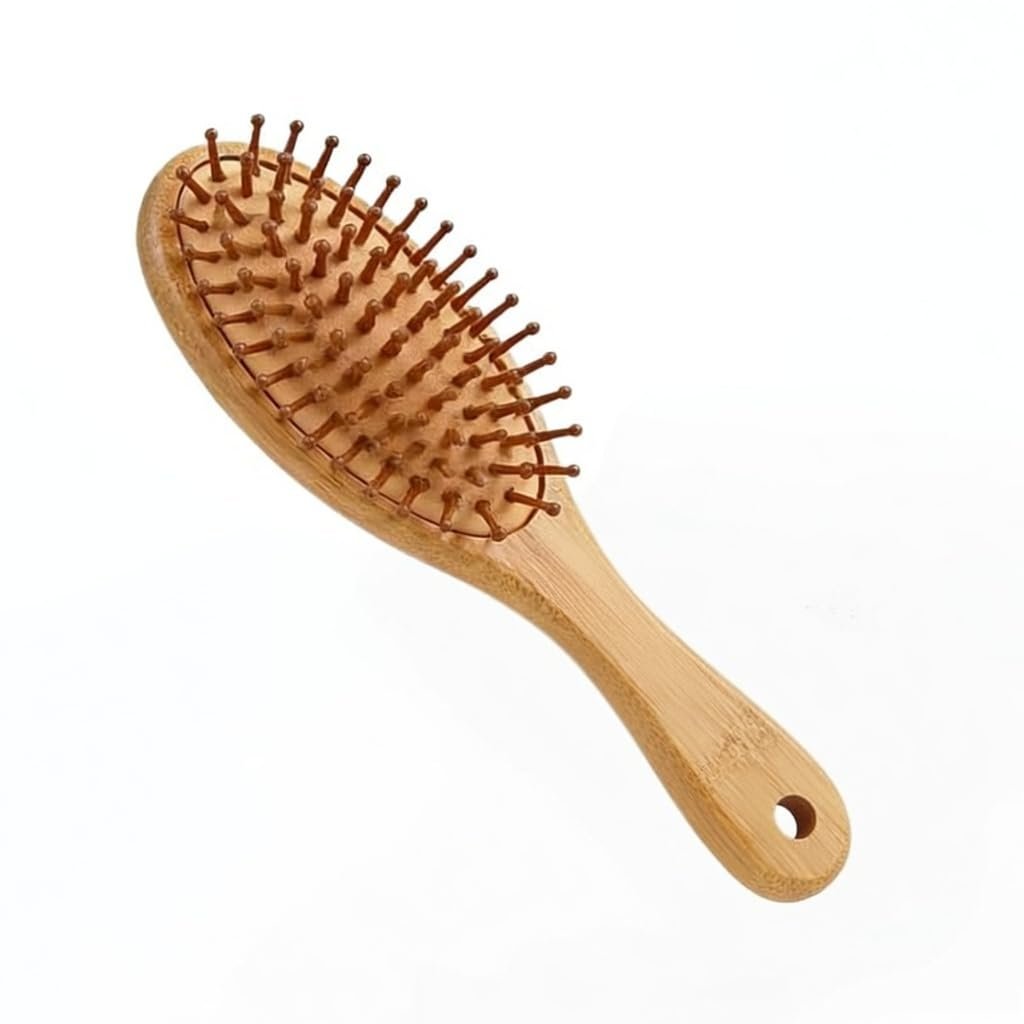 Women Men Natural Bamboo Hair Brush with Air Cushion, Scalp Massage Hairbrush with Hang Hole Bamboo Paddle for All Hair Types (Small)