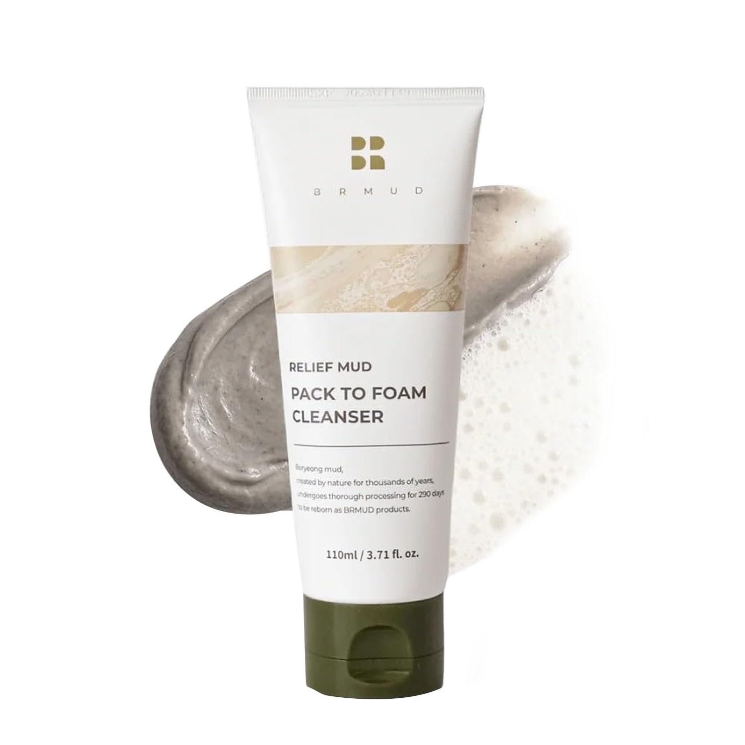 BRMUD Relief Mud Pack to Foam Cleanser – 2-in-1 Exfoliating & Hydrating Foaming Clay Mask Face Cleanser for Pore & Sebum Control – Gentle Makeup Cleansing Face Wash – Korean Skin Care 3.71 fl oz