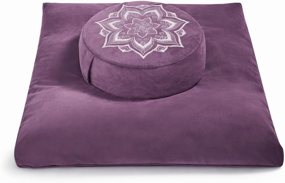 Meditation Cushion Set Zafu & Zabuton – Buckwheat Hull & Memory Foam, Adjustable Floor Pillow for Yoga, Meditation & Sitting, Removable Velvet Cover (Purple)
