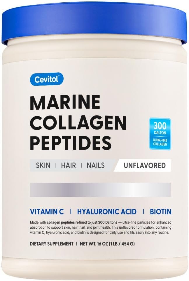 Marine Collagen Peptides – Hydrolyzed Ultra-fine Collagen Powder for Women & Men, Hyaluronic Acid, Biotin, Vitamin C, for Skin, Hair, Nails, Joints, Non-GMO, Unflavored, Easily Dissolved, 16oz