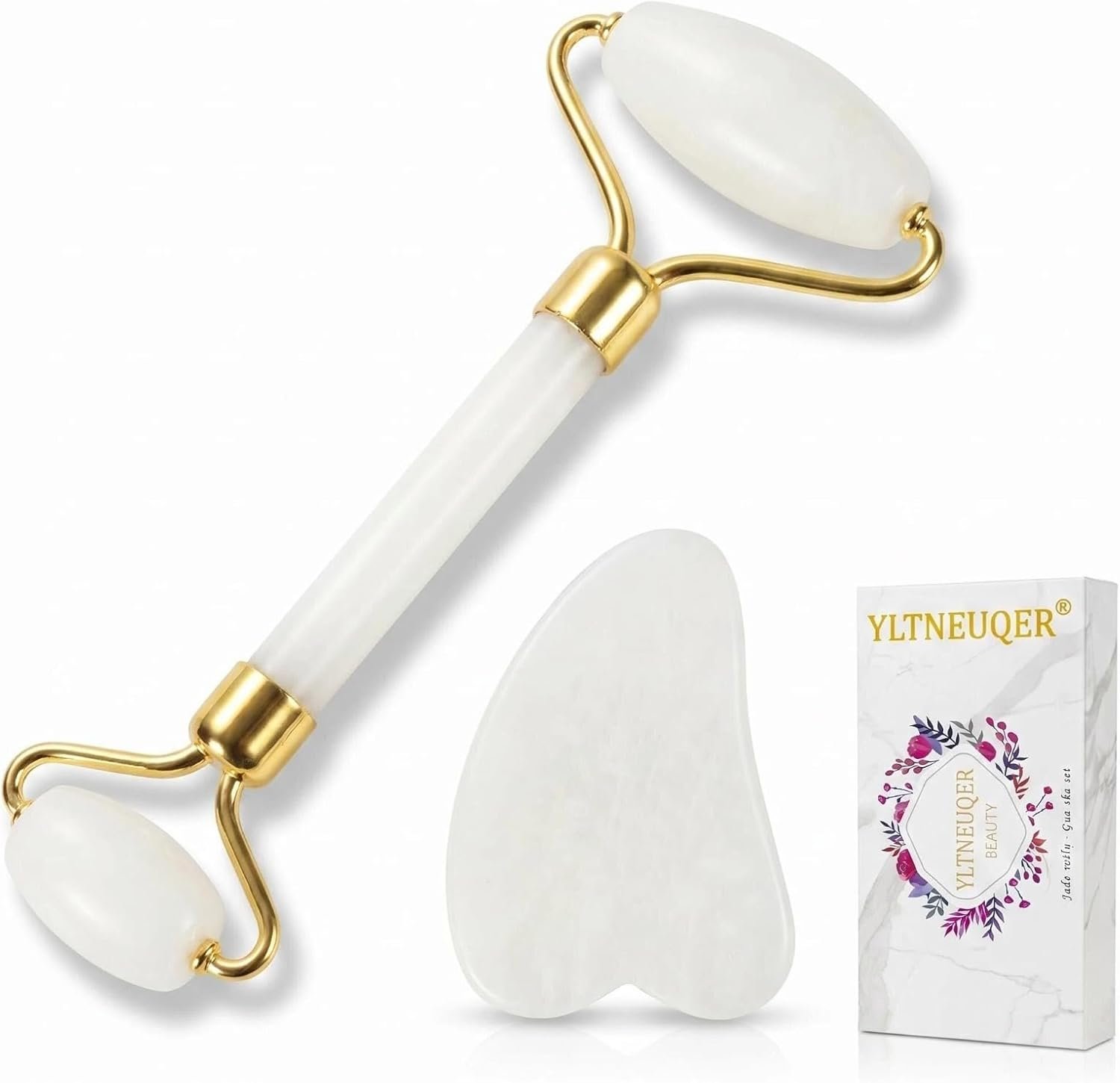 Natural Gua Sha & Jade Roller Set, Gua Sha Tool for Face & Body, Anti-Swelling Skin Tightening Home SPA Tool, Muscle Relief Safe Polished Jade, Self-Care Gift Set for Home Travel