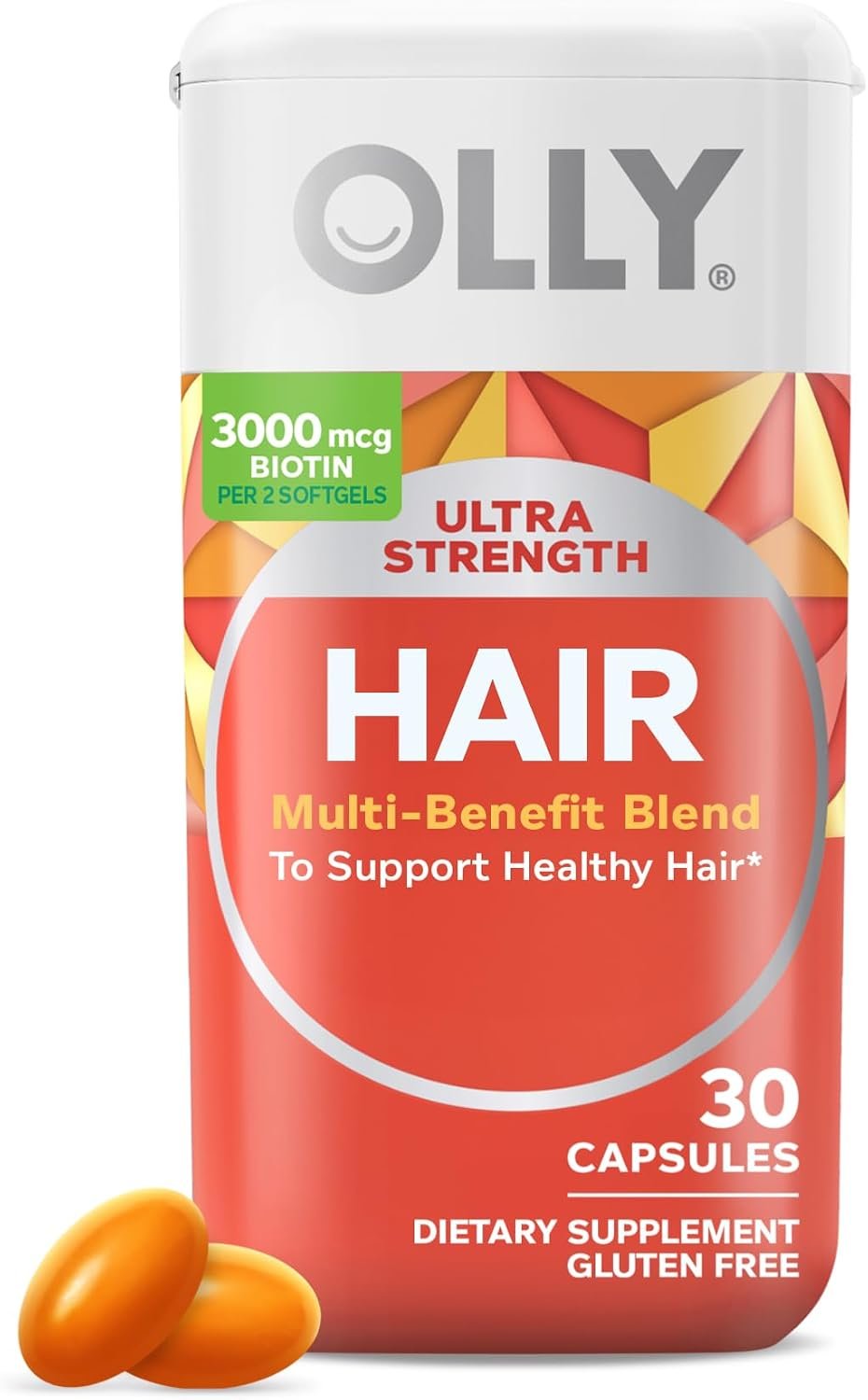 OLLY Ultra Strength Hair Softgels, Supports Hair Health, Biotin, Keratin, Vitamin D, B12, Hair Supplement, 30 Day Supply – 30 Count (Packaging May Vary)