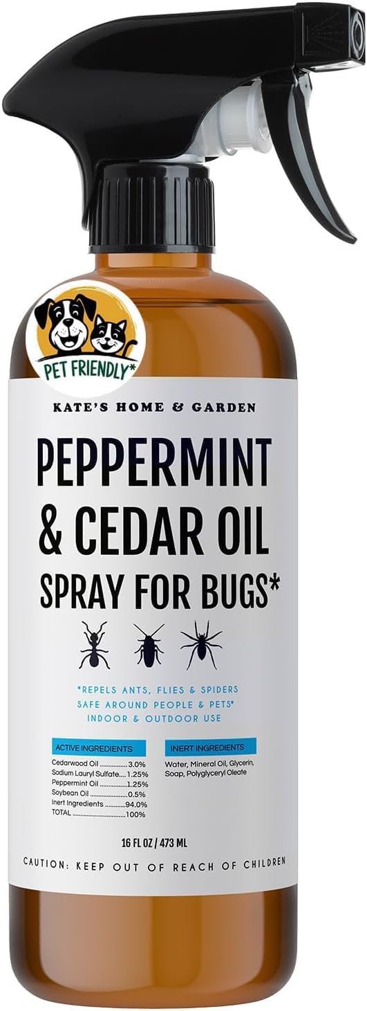 Kate’s Home & Garden Peppermint Oil Spray for Bugs, Ants, Insects, Spiders, Roaches, Stink Bug. Pesticide and Insecticide Indoor Repellent Pest Control with Cedar Oil (16oz, Natural, Non Toxic)
