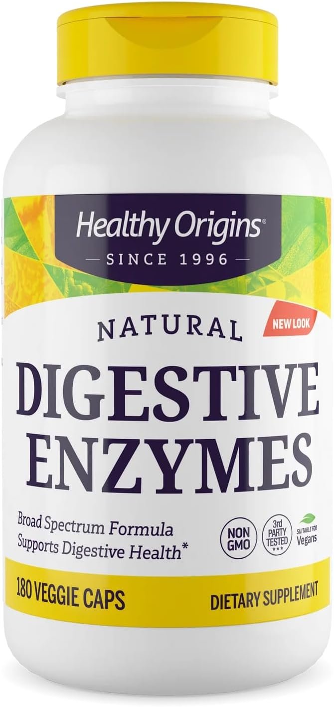 Healthy Origins Digestive Enzymes, 180 Veggie Capsules – Broad Spectrum, Multi-Enzyme Blend with Protease, Amylase & Lipase – Supports GI Comfort, Nutrient Absorption for Macronutrient Breakdown