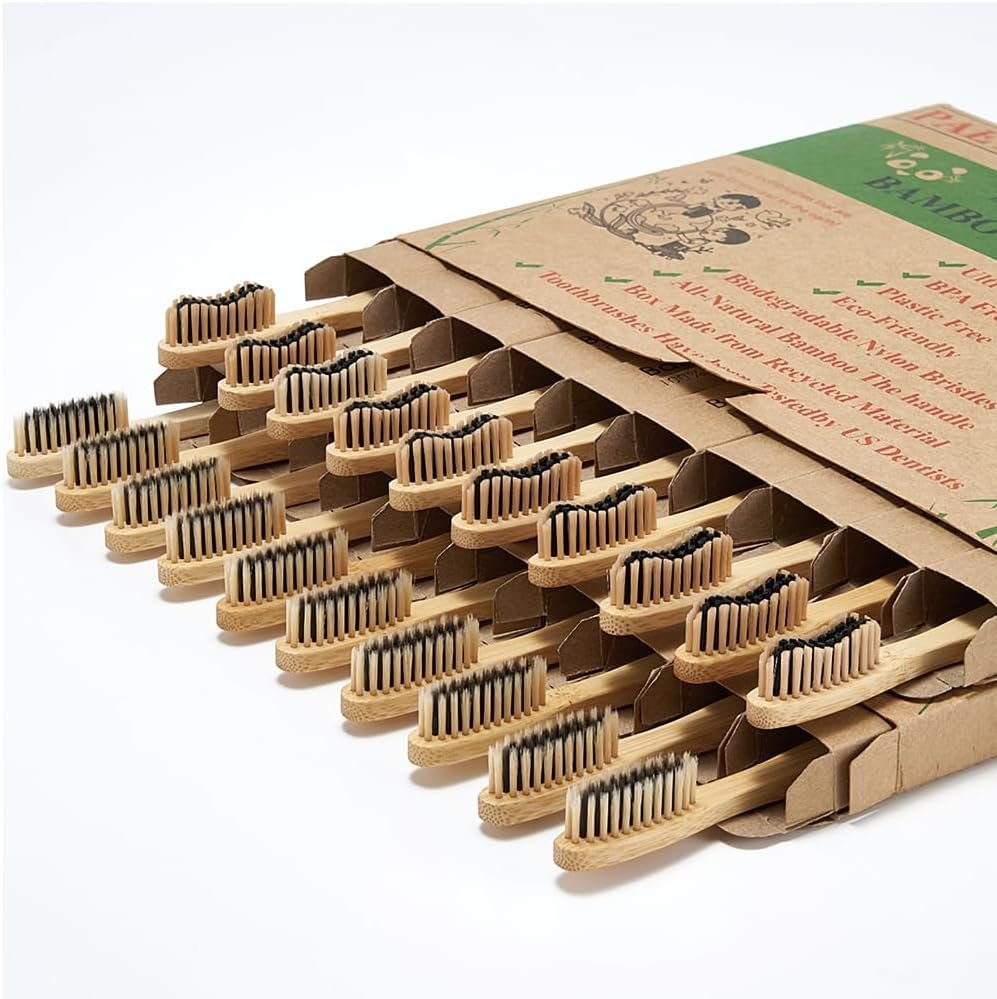 20 Count Bamboo Toothbrushes (Soft+Medium), Natural Wood Toothbrush Bulk, Eco-Friendly, BPA Free, Biodegradable & Compostable Charcoal Wooden – Reusable Travel Toothbrushes