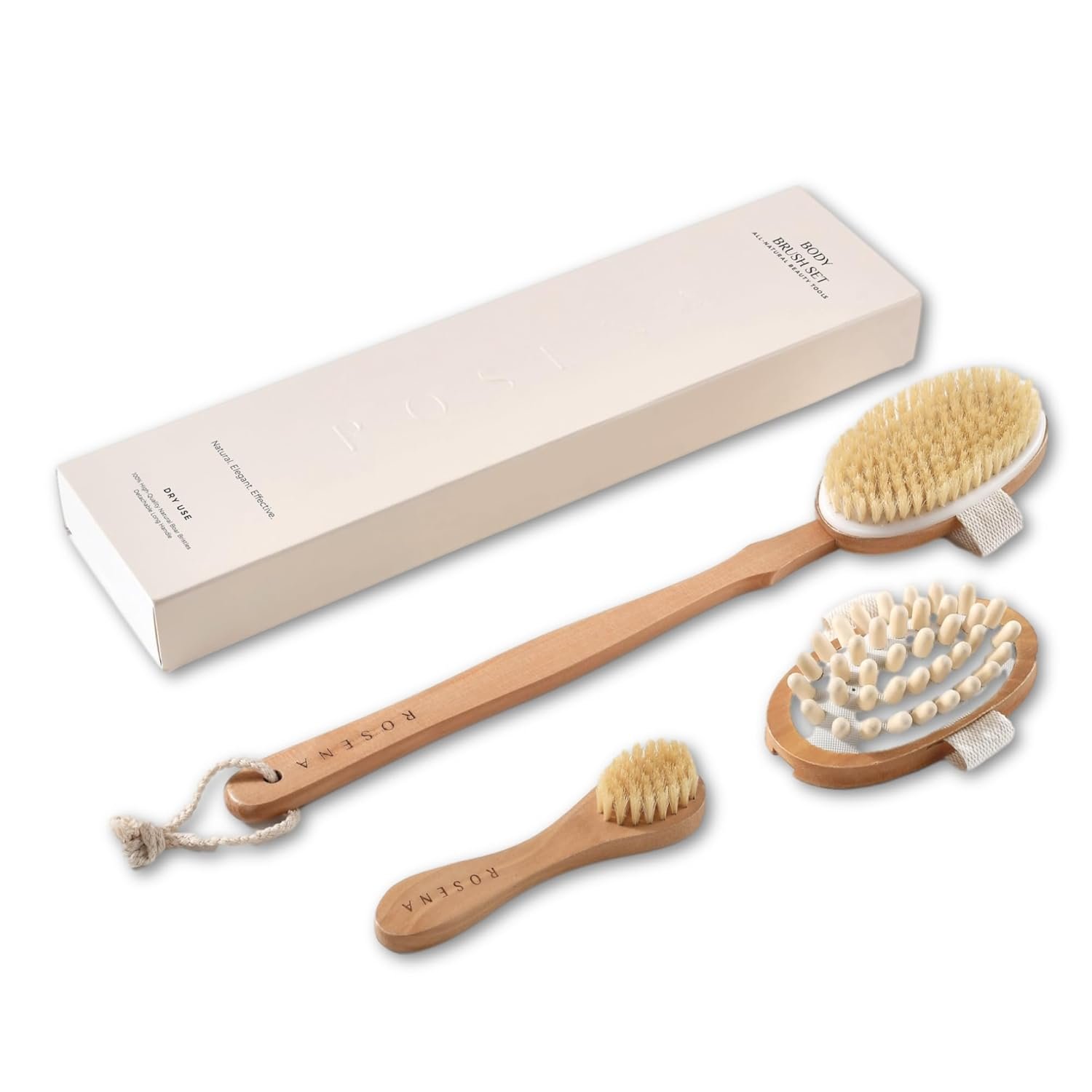 Dry Brushing Body Brush Set – Natural Bristle Spa Exfoliator Kit with Face Cleansing Brush, Long Dry Brushing Body Brush for Lymphatic Drainage & Massaging Cellulite Brush for Smooth, Radiant Skin