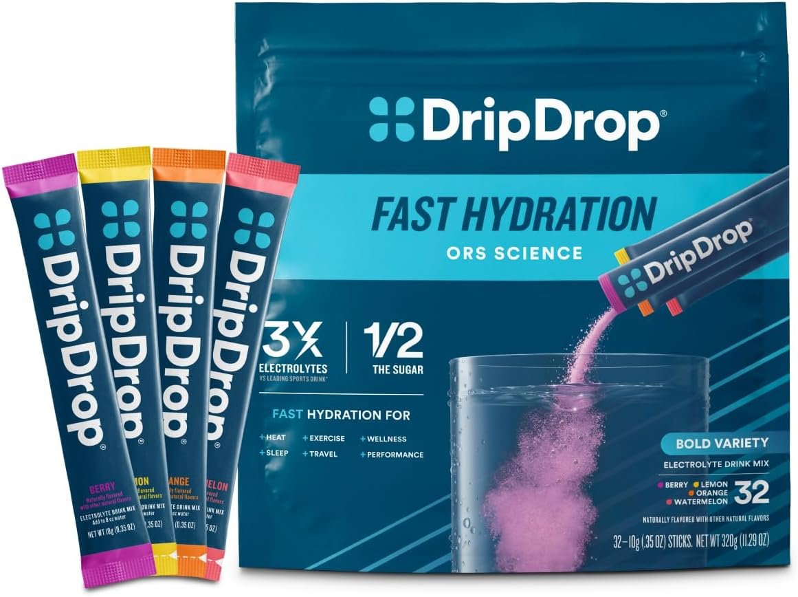 DripDrop Hydration Packets – Bold Variety Pack – Single Serve Electrolytes Powder Drink Mix – Watermelon, Berry, Lemon, Orange – Non-GMO, Gluten Free, Vegan – 32 Sticks