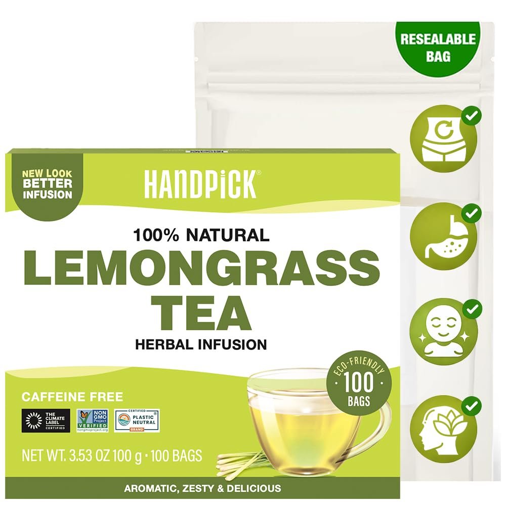HANDPICK, Lemongrass Tea Bags (100 Count) Non-GMO, Caffeine Free – Quality Lemongrass Herbal Tea- Eco-conscious Round Tea Bags | Brew Hot or Iced Tea