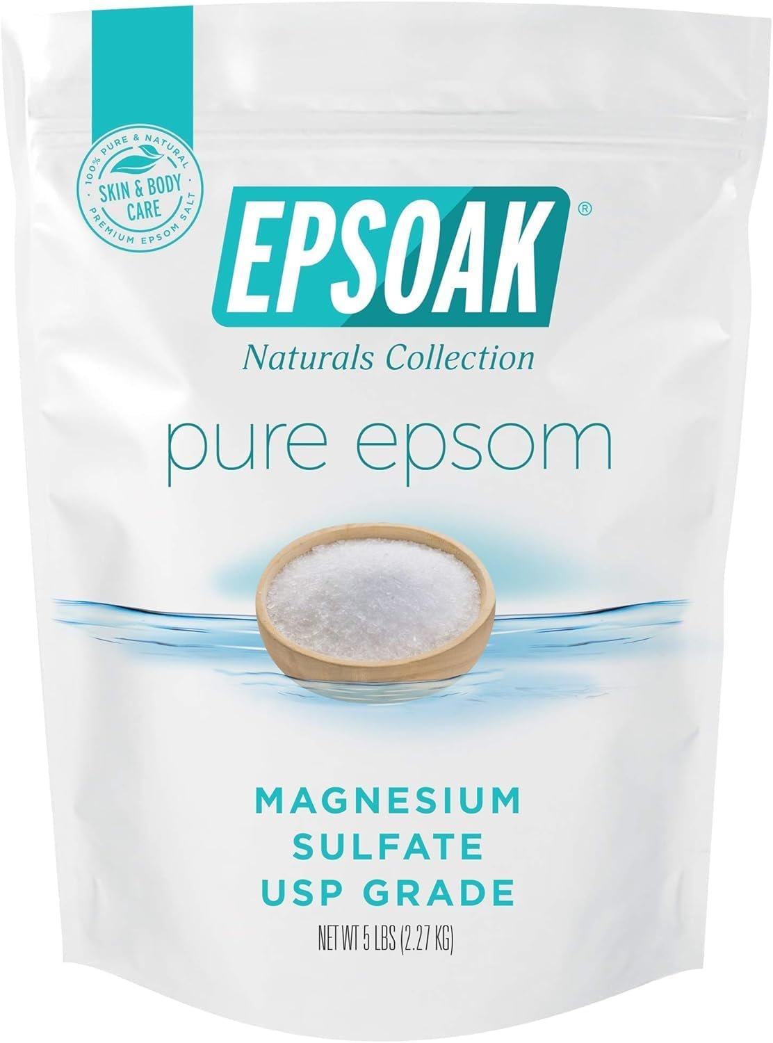 Epsoak Epsom Salt 5 lb. Magnesium Sulfate USP. Resealable Epsom Salt Bag Unscented, Made in The USA, Cruelty-Free Certified