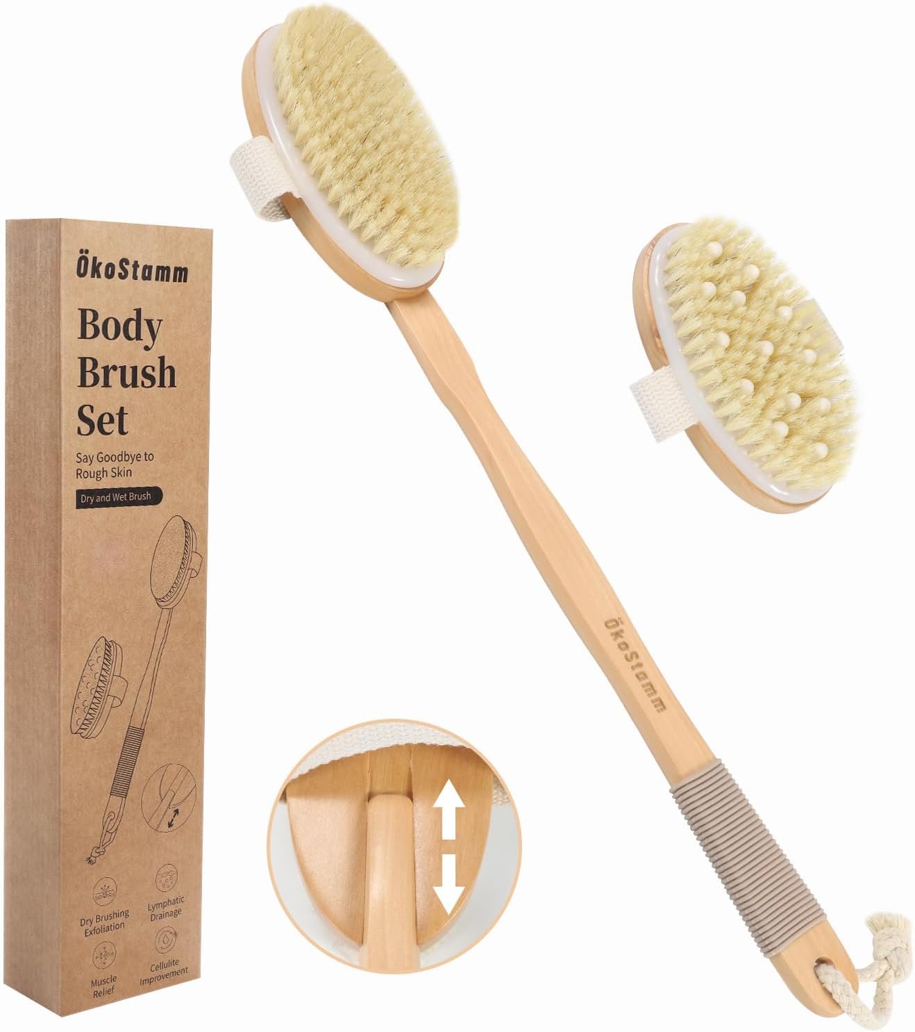 Dry Brushing Body Brush – Natural Bristle Dry Brush Set with 2 Detachable Heads, Wooden Long Handle Dry Body Brush for Lymphatic Drainage, Exfoliating and Cellulite Treatment