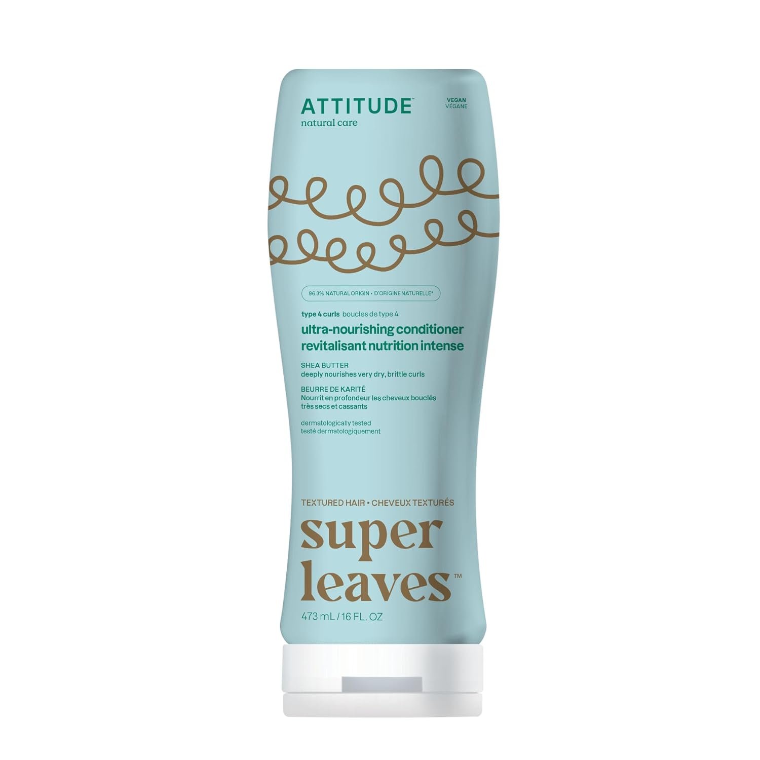 ATTITUDE Ultra-Nourishing Conditioner for Curly Hair with Shea Butter, Vegan Detangler and Naturally Derived 4a, 4b, 4c Curl Type, Deeply Nourishes Curls, 16 Fl Oz