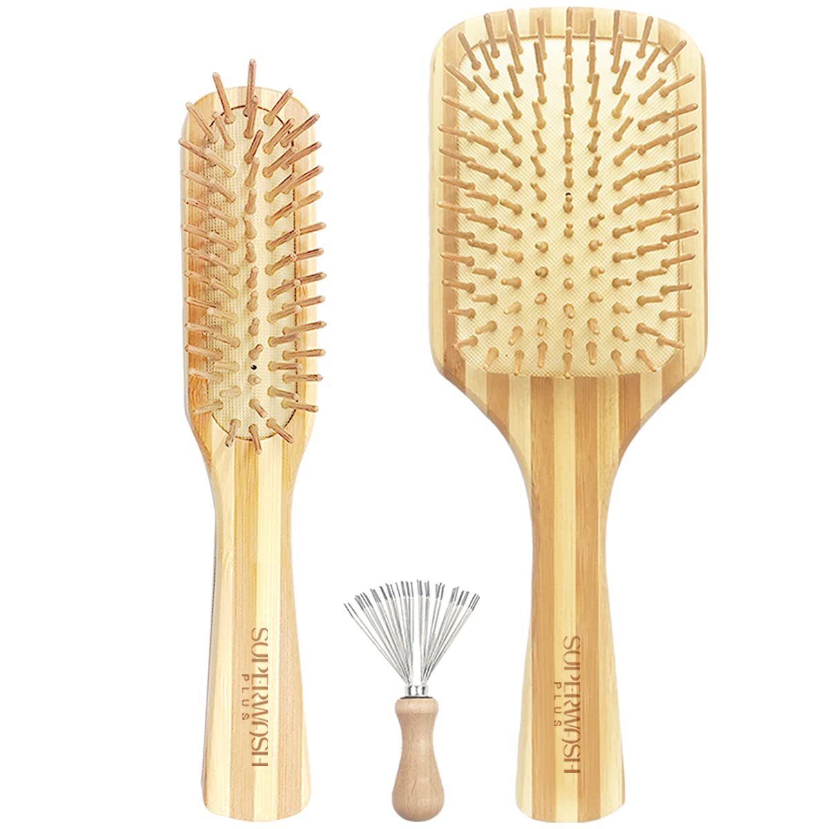Hair Brush Set for Women & Men, Natural Bamboo Bristles Wet Dry Flat Paddle Detangling Bamboo Brushes Fit All Types Hair, Brush Cleaner Tool included – 3 Pack