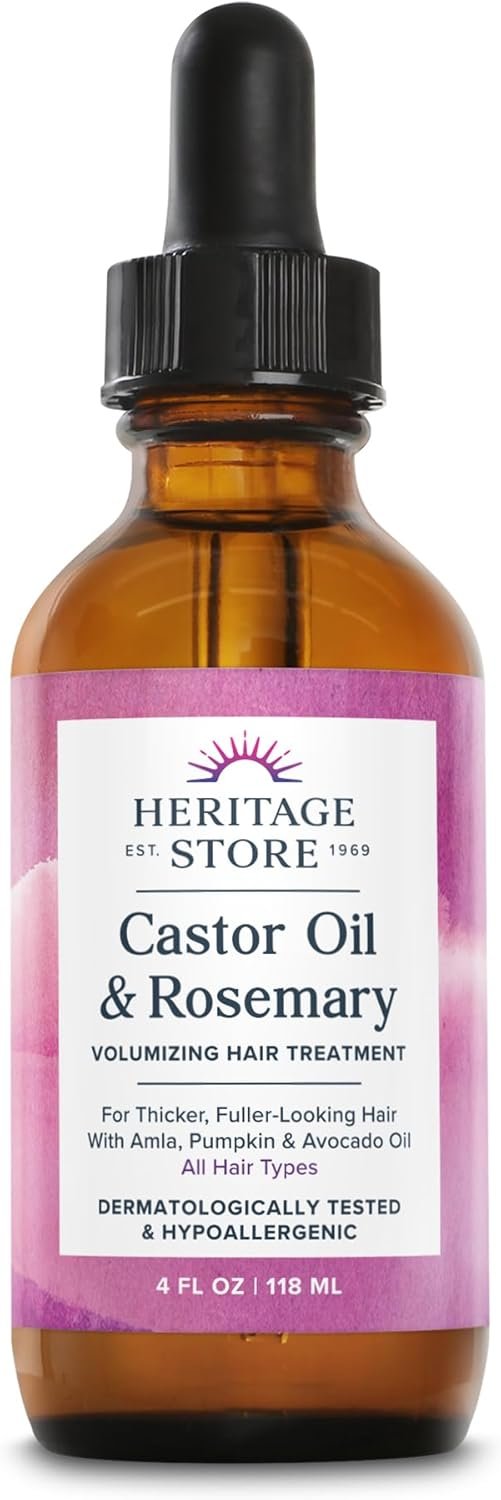 HERITAGE STORE Castor Oil & Rosemary Volumizing Hair Treatment for Fullness and Shine – with Organic Castor Oil, Rosemary, Avocado and Amla, Hypoallergenic, Vegan, Cruelty Free, 60-Day Guarantee, 4oz