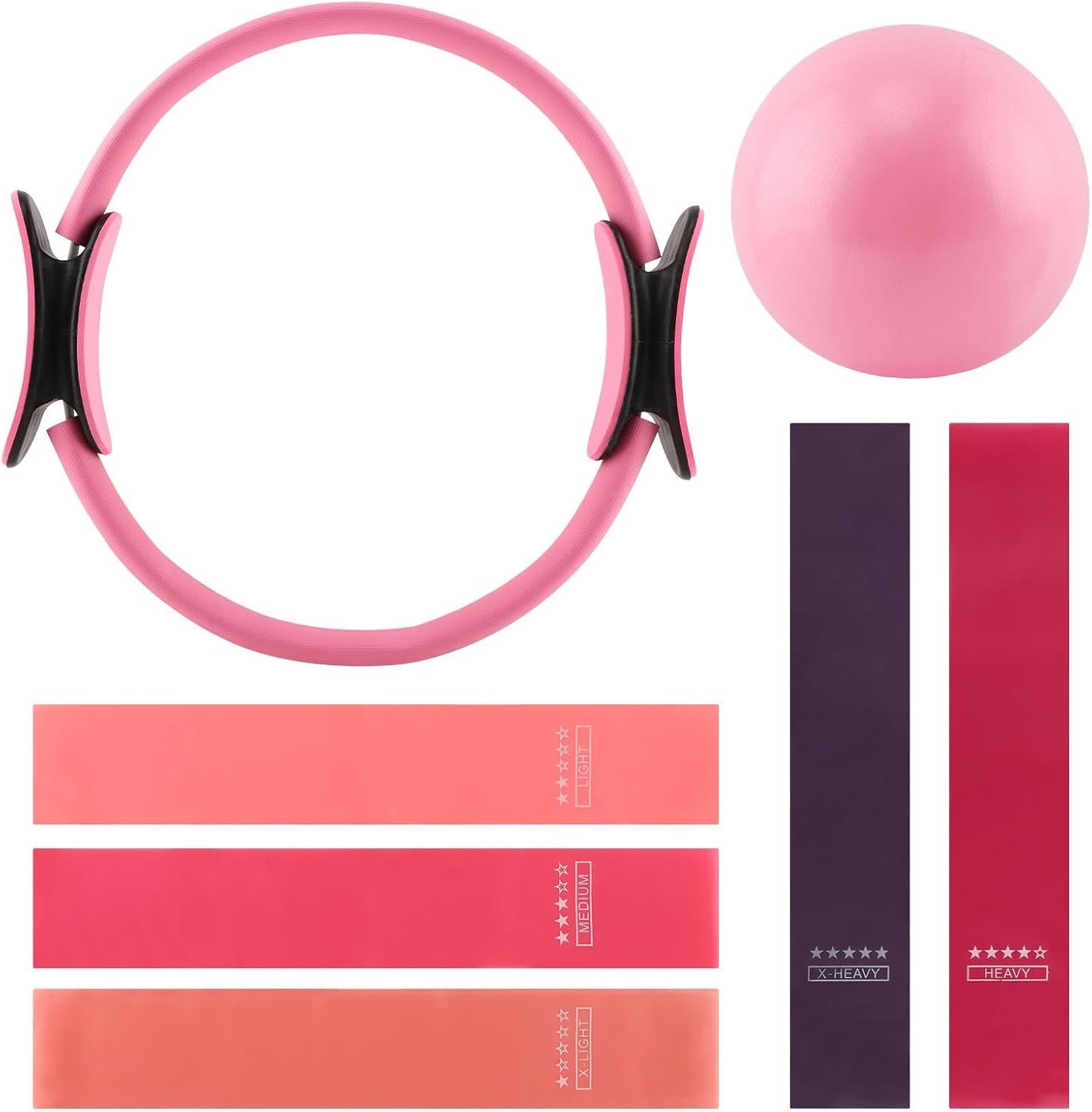 Pilates Ring and Ball Set with Resistance Bands, 14” Circle Ring, 9.8” Pilates Ball and 5 Resistance Bands Home Workout Kit for Women Training Core, Full Body Exercise