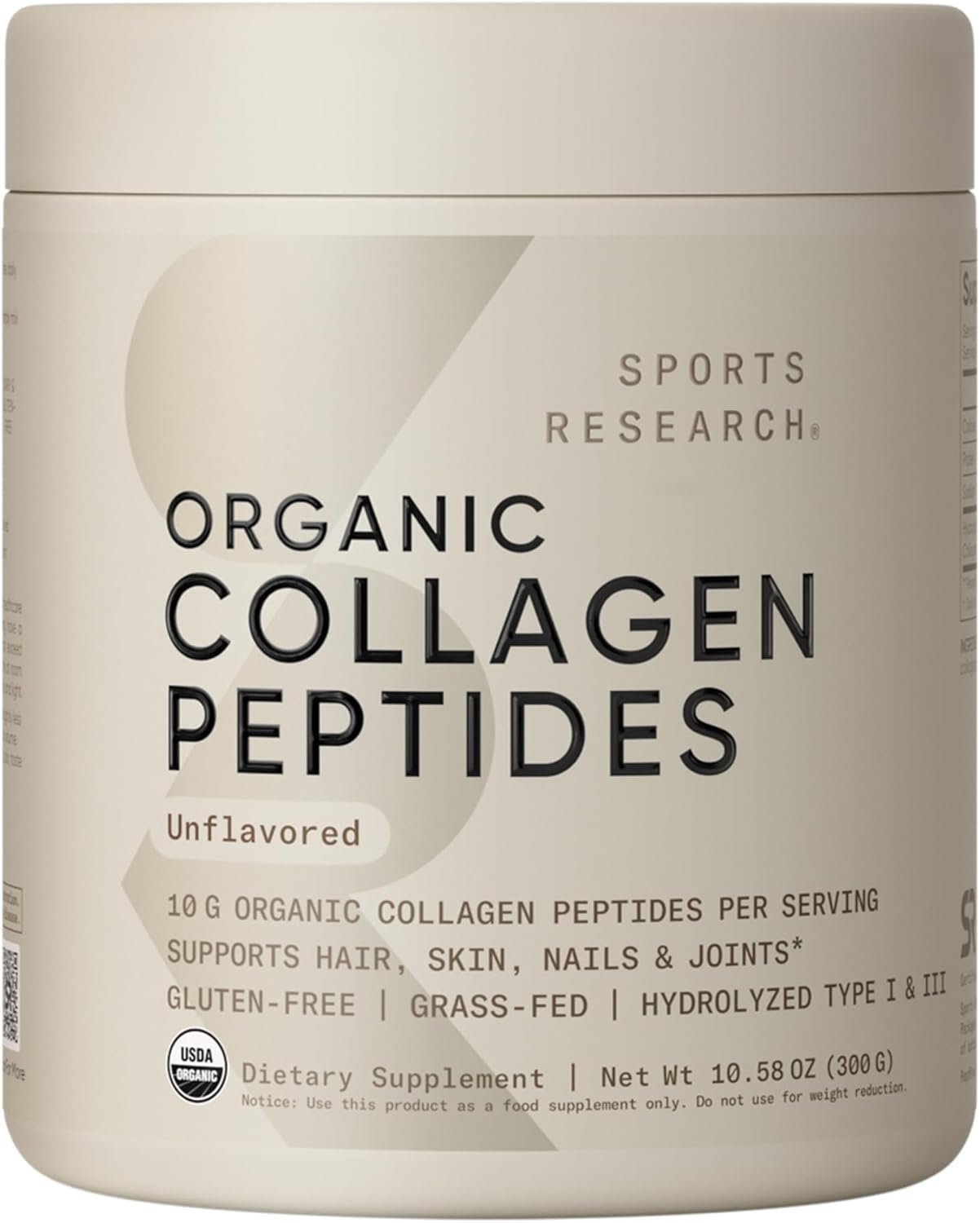 Sports Research® Organic Collagen Peptides – Hydrolyzed Type I & III Collagen Protein Powder Made Sustainably from Grass-Fed Cows – USDA Organic· Non-GMO · Gluten Free – Unflavored, 30 Servings
