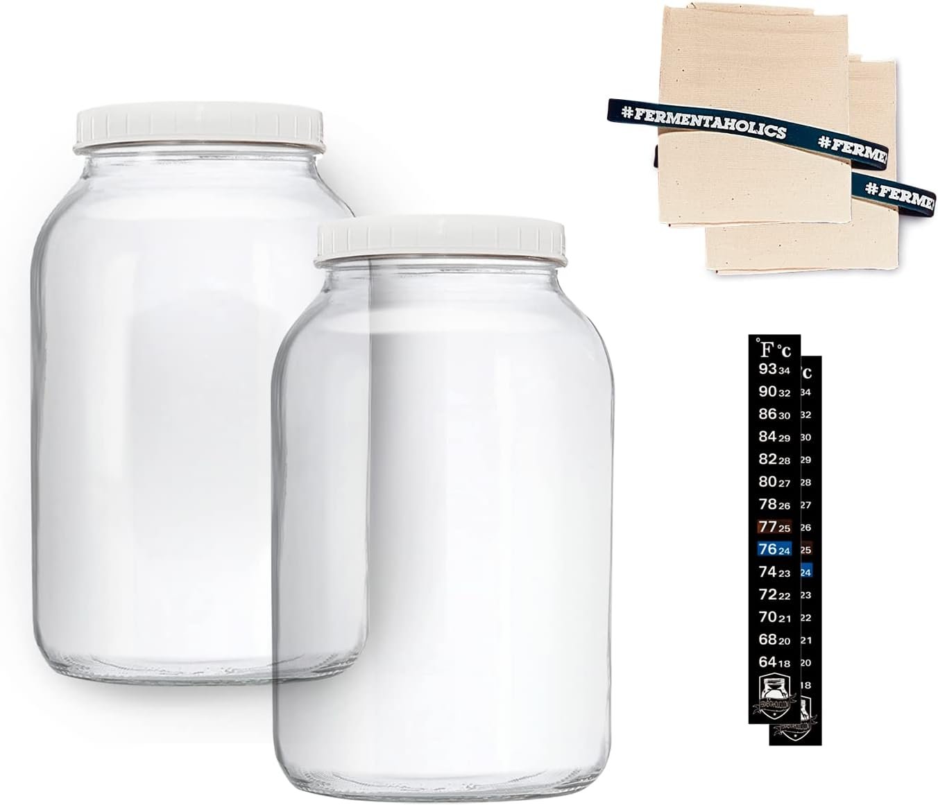 Fermentaholics 2 One-Gallon Glass Kombucha Jars & Breathable Muslin Cloth Covers, and Rubber bands | 2 Pack Gallon Jars | Perfect SCOBY Home – Brew Their Own Kombucha | American-Made Jar