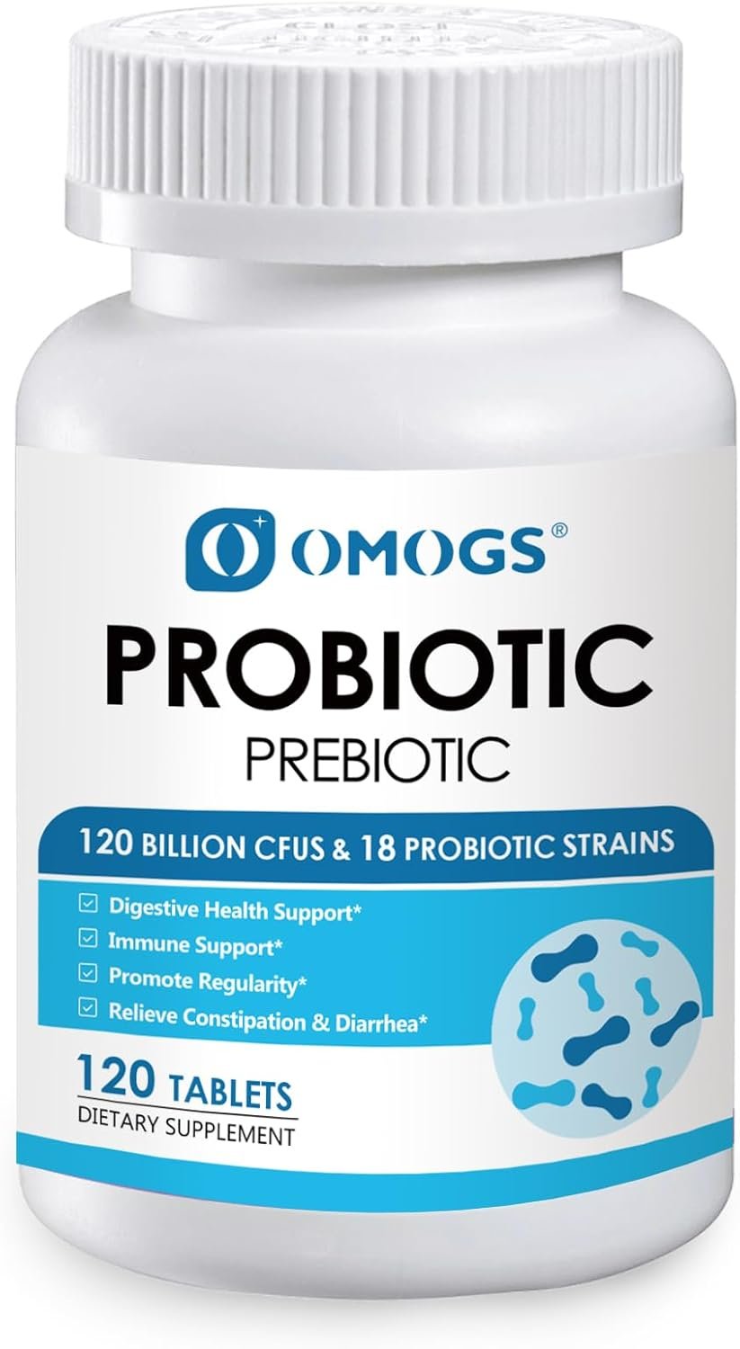 OMOGS Probiotics 120 Billion CFUs 18 Strains,with 3 Organic Prebiotics & Vitamin C,Nutritional Supplement for Women,Men & Kids,Support Metabolism,Immunity and Digestive Health,Non-GMO, 120 Tablets