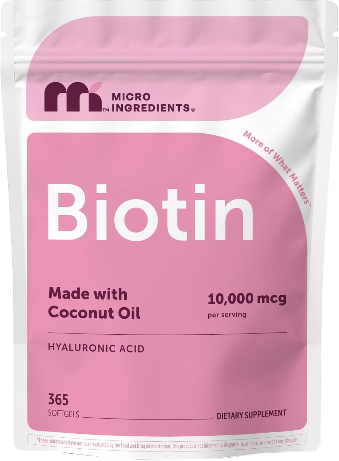 Micro Ingredients Biotin 10,000 mcg with Hyaluronic Acid 25 mg Per Serving | Made with Coconut Oil | 365 Softgels | 1 Per Day | One Year Supply | Non-GMO & Gluten Free