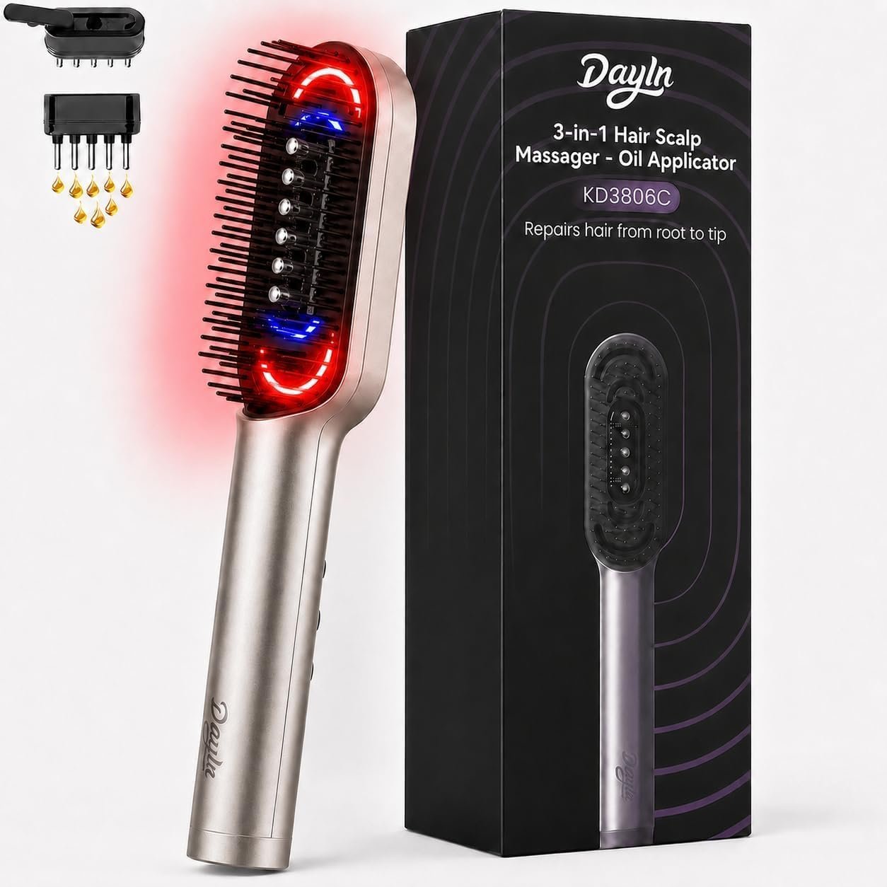 Dayln Electric Scalp Massager Hair Oil Applicator, Cordless Vibration Head Massager, Red Light Hair Brush, Deep Clean Comb for Home & Travel Silver