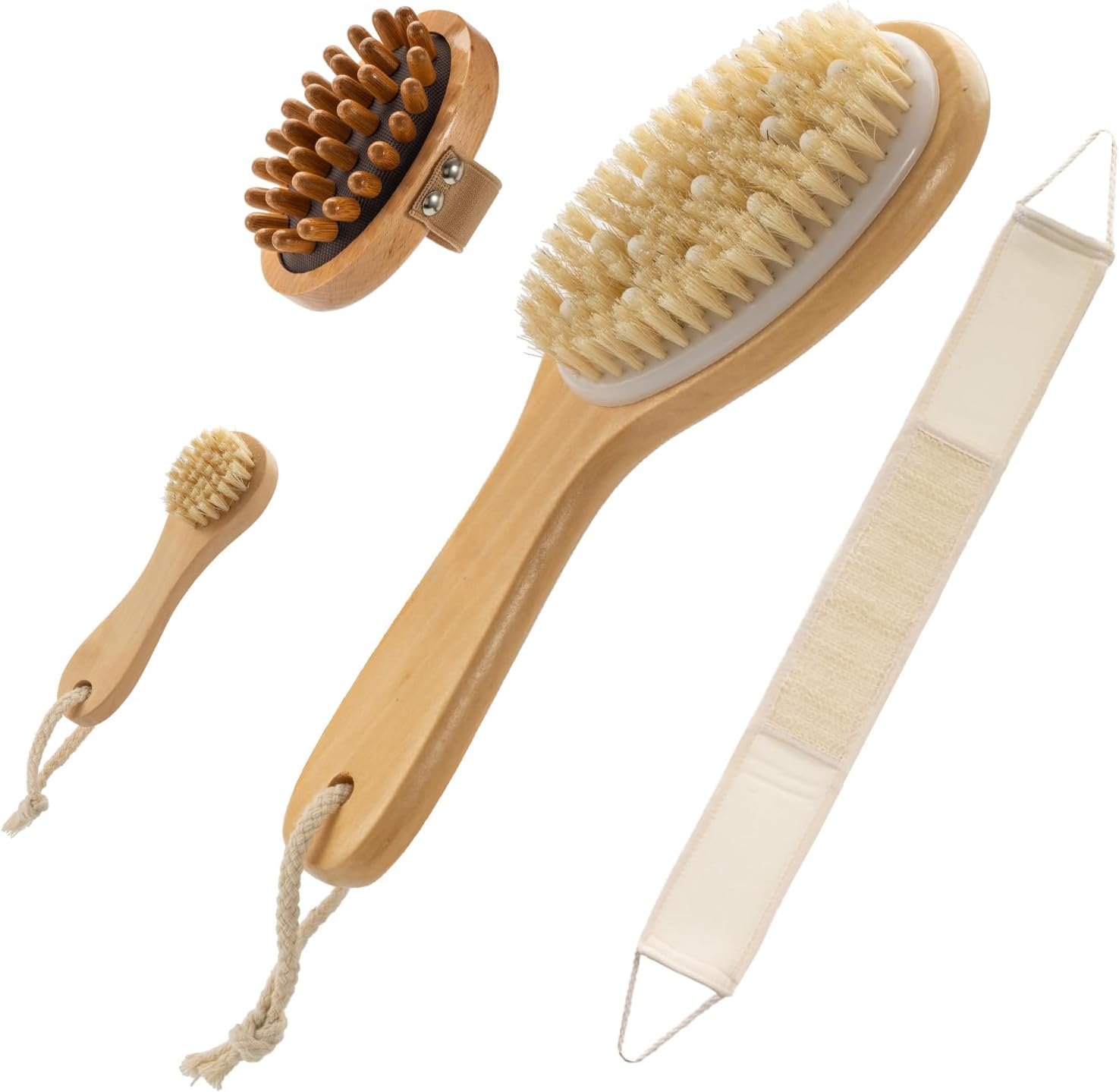 4 Packs Dry Brushing Body Brush Set for Lymphatic Drainage and Cellulite Massager, Long Handle Dry Brush for Body, Natural Boar Bristle Dry Body Brush Exfoliator