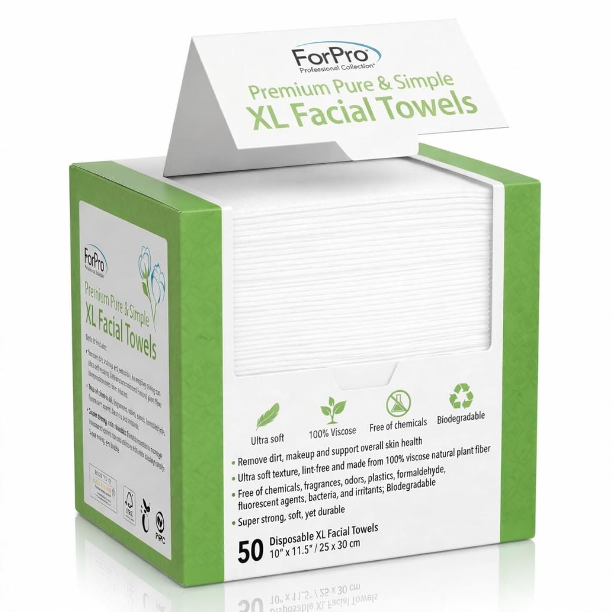 ForPro Disposable Face Towels for Sensitive Skin, XL Dry Wipes Makeup Remover, Ultra Soft Lint-Free Viscose Face Cloths, Chemical-Free Biodegradable Facial Towelettes, Vegan & Cruelty-Free, 50-Count