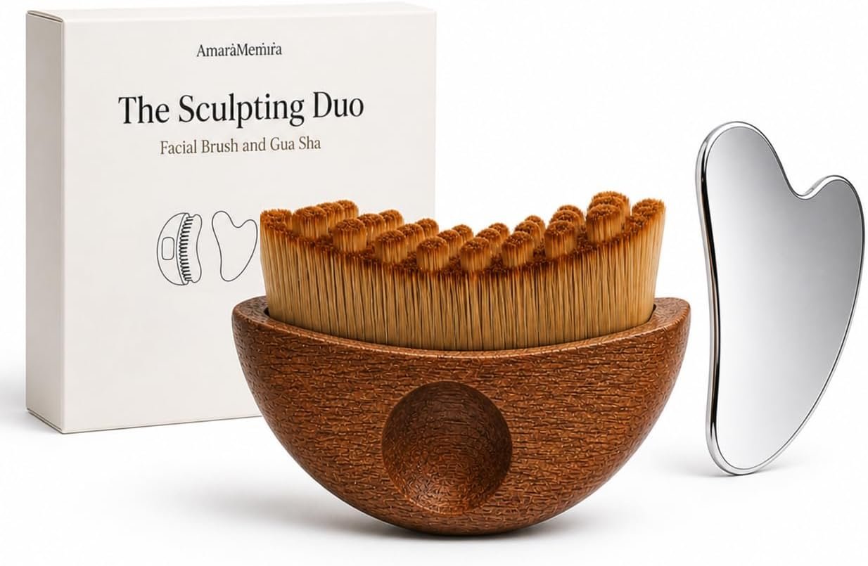 2-in-1 Lymphatic Drainage Face Brush & Stainless Steel Gua Sha Set, Wooden Dry Brush with Soft Curved Bristles for Jawline Contouring, Depuffing, Chin & Neck Massage, Self Care Gift Kit