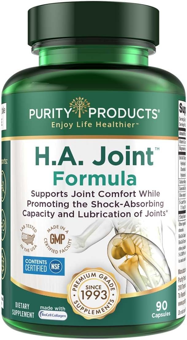 Purity Products HA Joint Formula Hyaluronic Acid + Key CoFactors – Joints + Skin Multi Collagen (Type I, II & III) – 5-Loxin – Olive Fruit Extract – Joint Flexibility + Mobility – 90 Caps