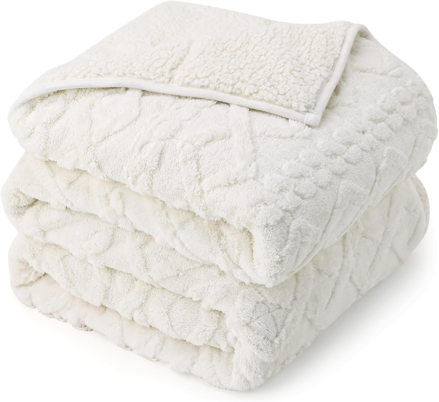 Drewin Weighted Blanket 15lbs Queen Size, Soft and Thick Jacquard Sherpa Throw Blanket for Calm and Relax, Dual Sided Ultra Cozy Fluffy Heavy Blankets with Ceramic Beads, 60 x 80 inches, Cream White