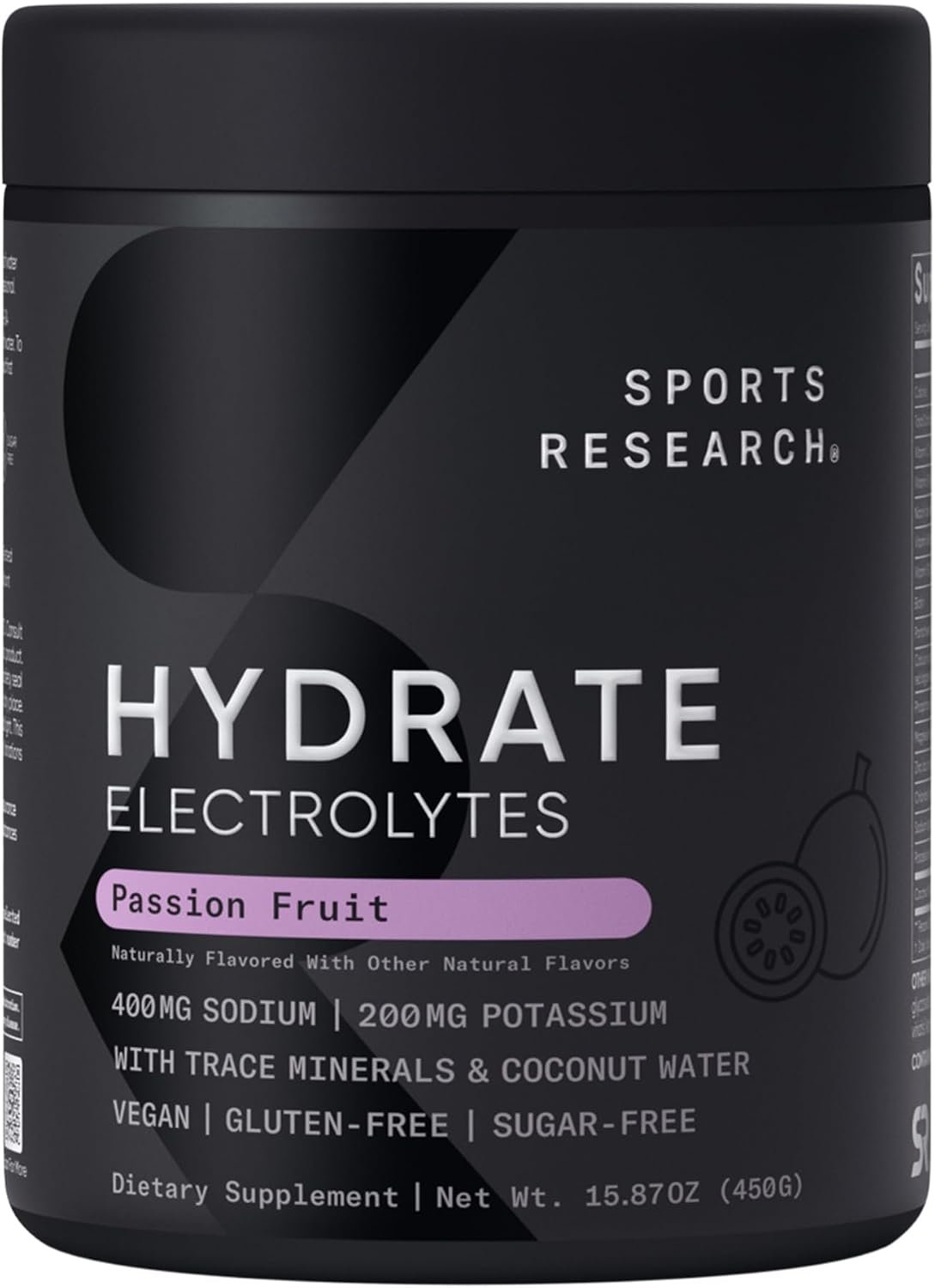 Sports Research Hydrate Electrolytes Powder – Sugar-Free & Naturally Flavored with Vitamins, Minerals, and Coconut Water – Supports Hydration – Passion Fruit