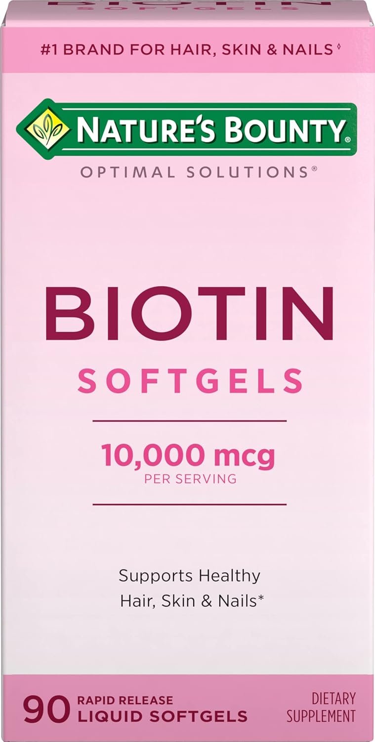 Nature’s Bounty Biotin 10000mcg Supplement, Supports Healthy Hair, Skin and Nails, Optimal Solutions Hair Vitamin with Biotin, 90 Rapid Release Liquid Softgels