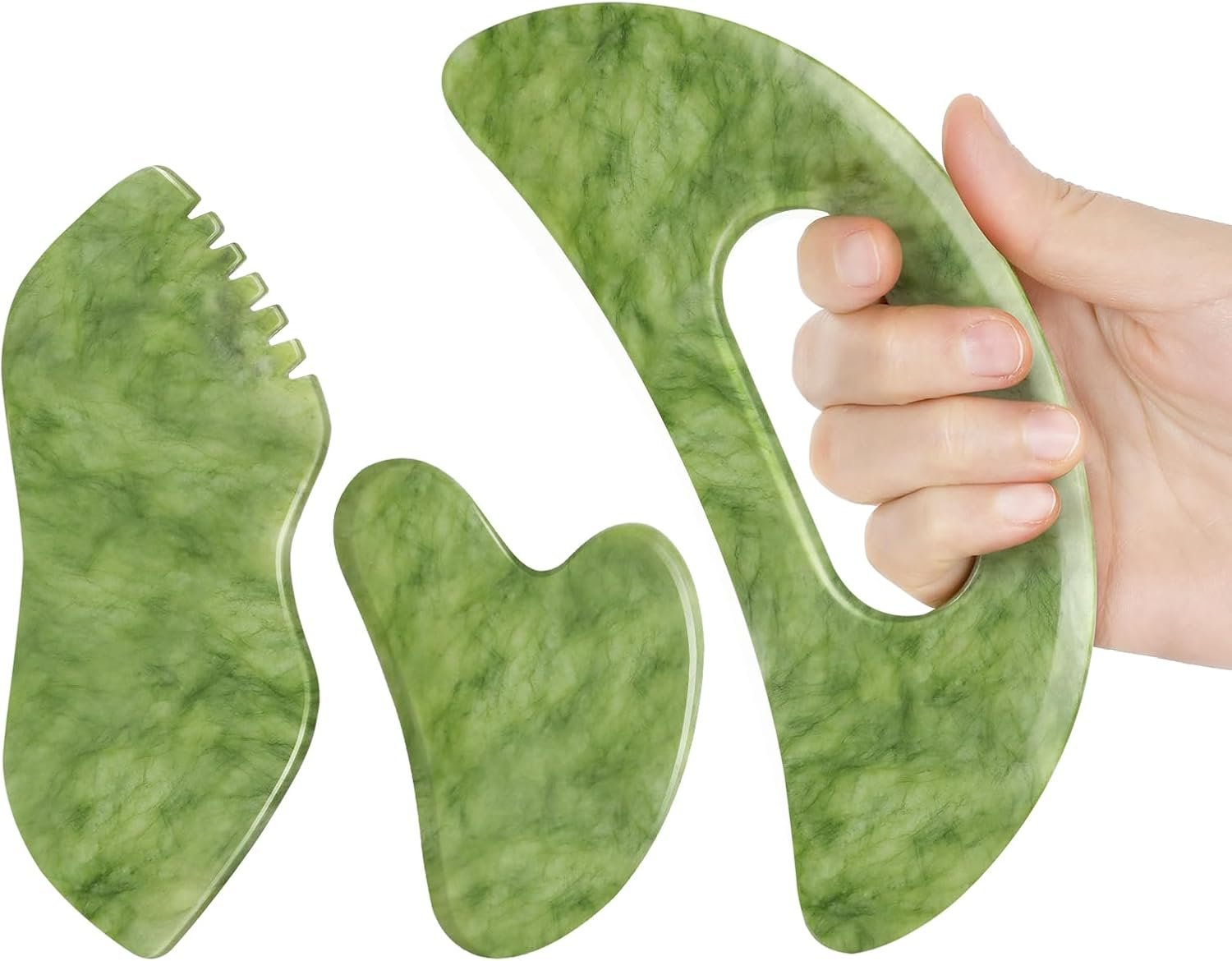 3 PCS Jade Stone Gua Sha Set Face Massager, Body Gua Sha Tool, Jade Gua Sha Facial Tools, Large Guasha Tool For Body, Face, Anti Cellulite, Lymphatic Drainage, Muscle Scraper, Valentine’s Day Gifts