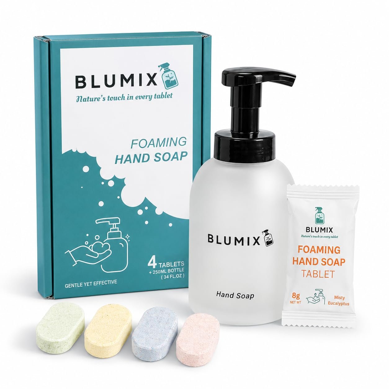 Foaming Hand Soap Tablets Starter Kit – Glass Foam Dispenser + 4 Scented Refill Tablets, Lavender, Eucalyptus, Vanilla & Orange – Just Add Water Hand Wash