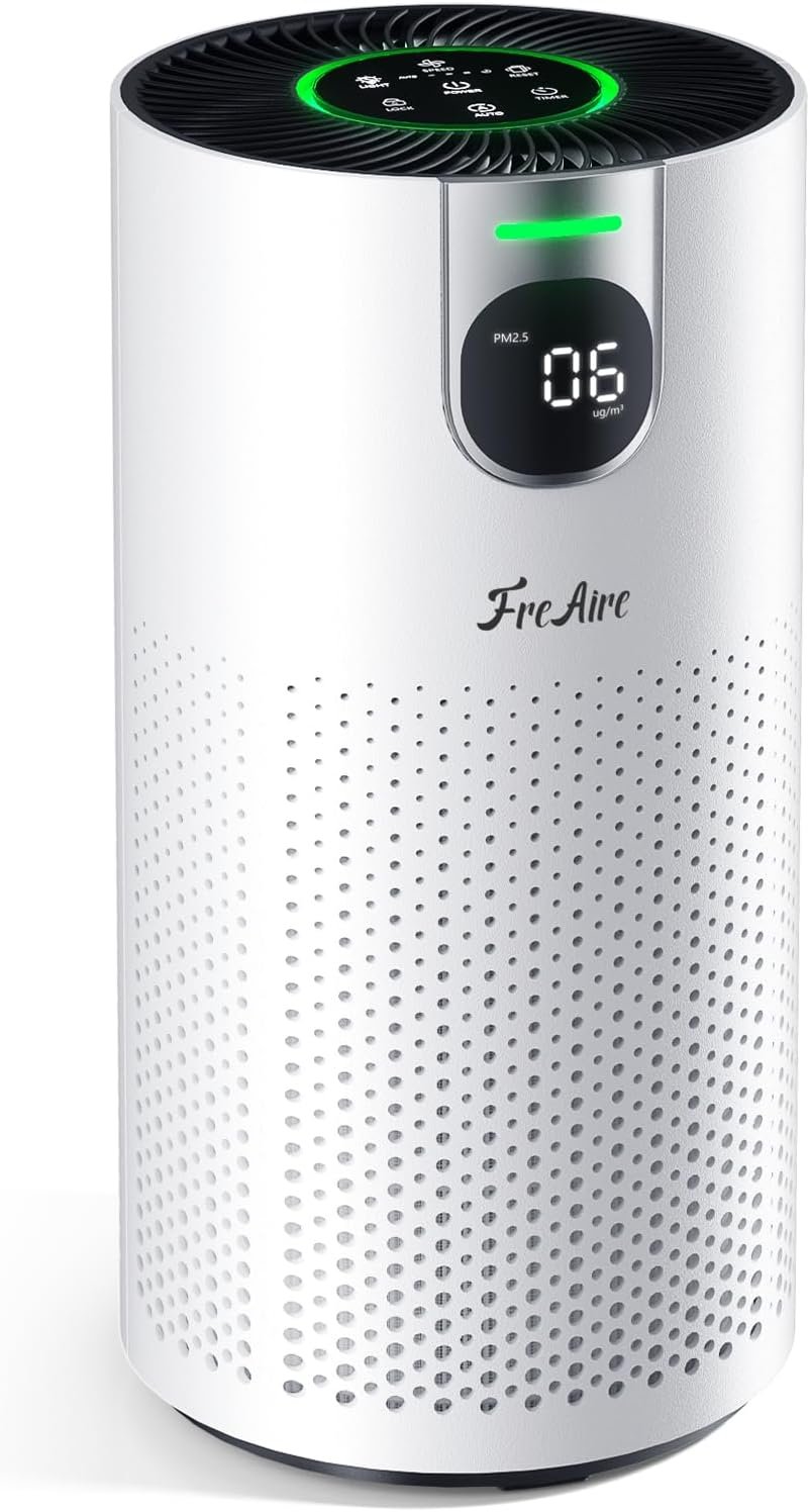 FreAire HEPA Air Purifier for Home Large Rooms up to 1800Ft², VisionAir 20dB Sleep Mode for Bedroom, with Real-Time AQI & PM2.5 Display, 360°Intake & Outlet Air Cleaner for Pets, HAP606, White