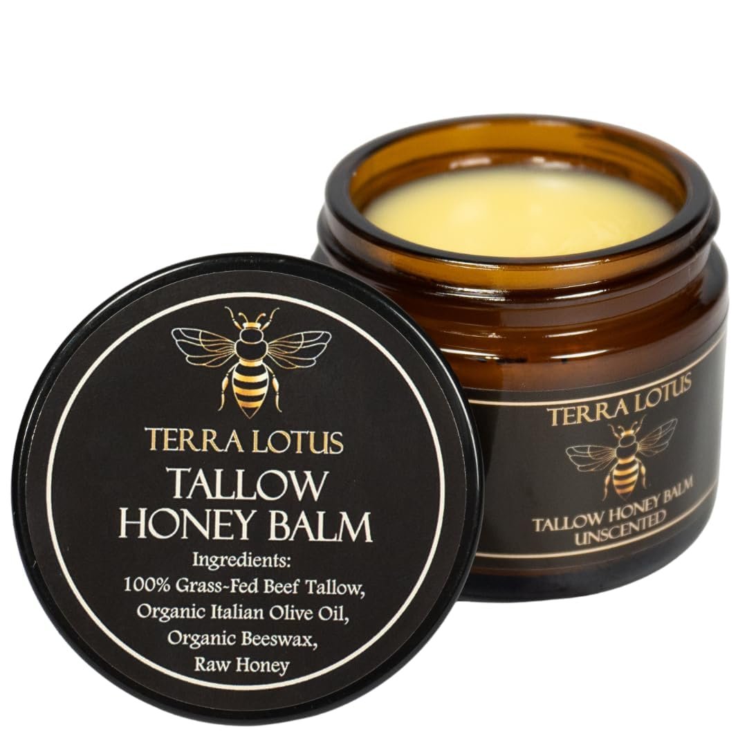 Terra Lotus – Organic Grass-Fed Beef Tallow Balm with Raw Honey – Moisturizing Cream – Handmade All-Natural Moisturizer (2 Oz, Unscented)