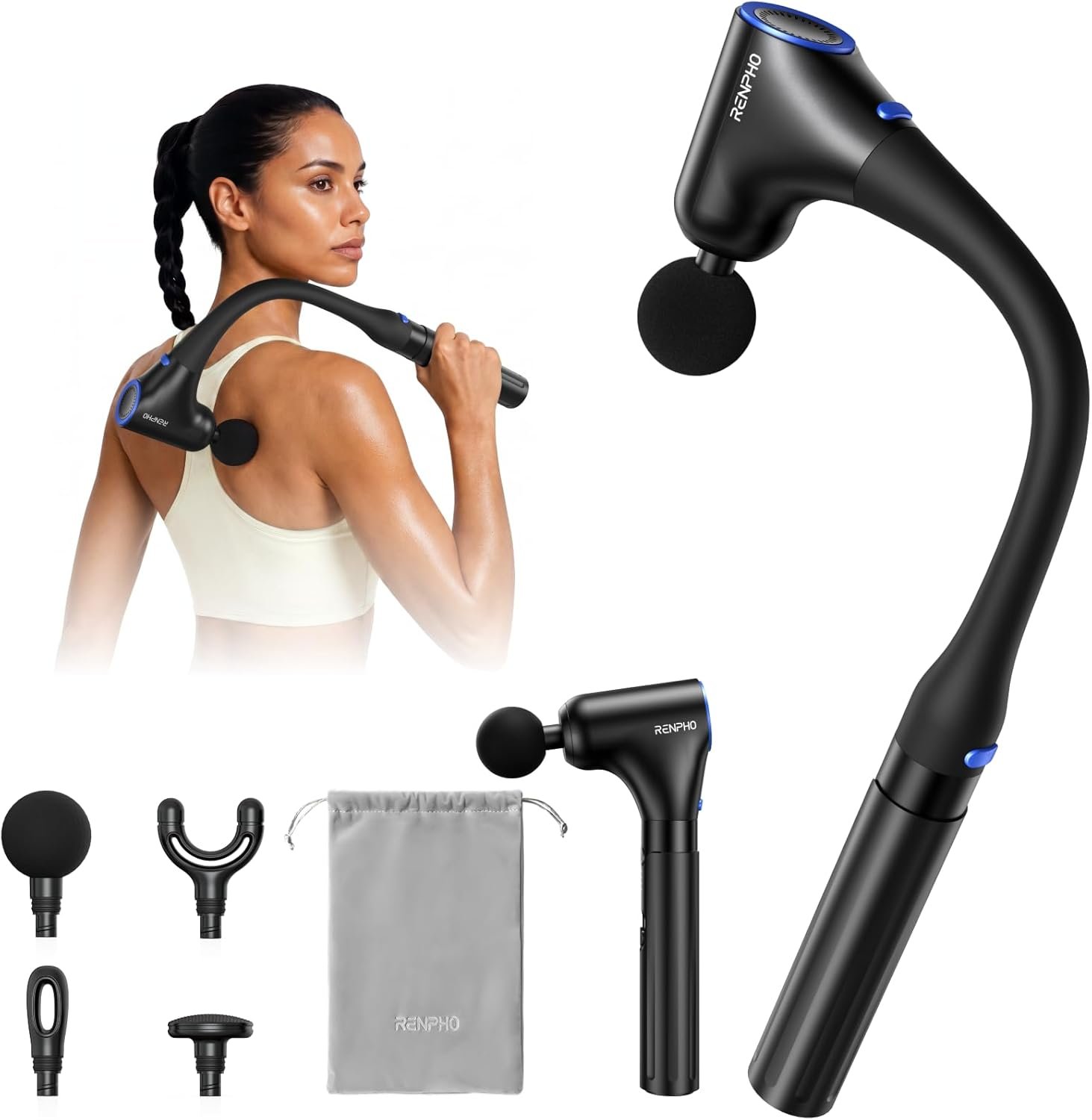 RENPHO Massage Gun with Extension Handle, 4-in-1 Back Massager Detachable, 10MM Massager Gun for Deep Tissue Relief, FSA Eligible, Handheld Neck Massager for Soreness, Travel Massage Tool, HSA