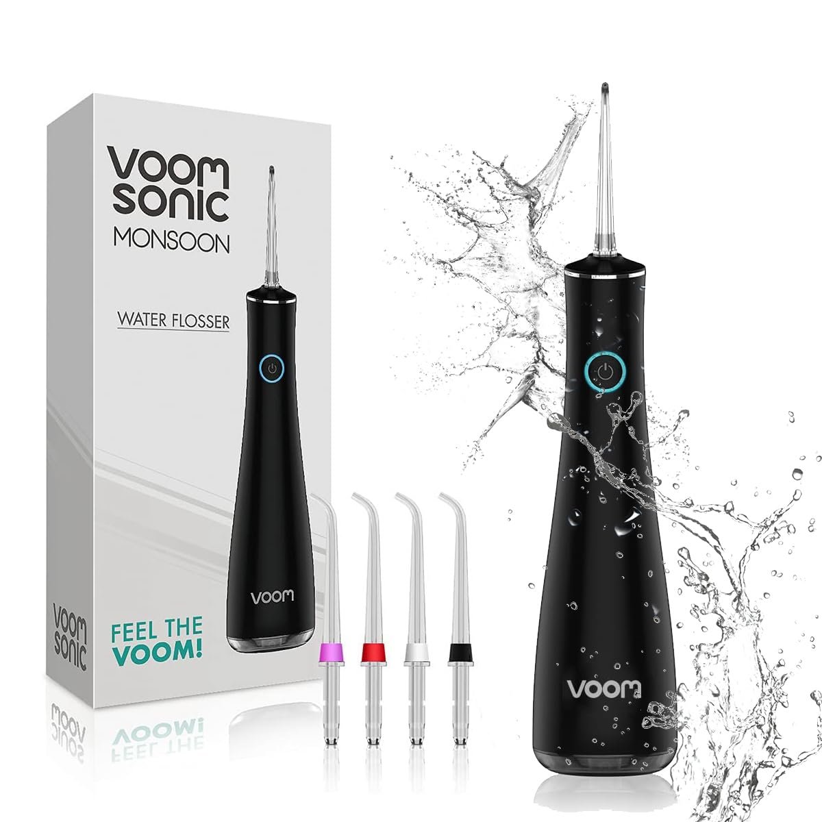 Voom Sonic Monsoon Cordless Water Flosser – Water Dental Flosser for Teeth Cleaning, Braces & Sensitive Gums, Travel-Friendly, 4-Tips, 3 Speeds, Rechargeable – IPX7 Waterproof (Black)