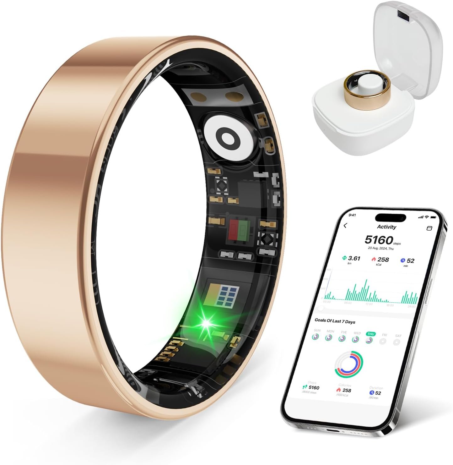 Smart Health Ring, Featuring Stress and Sleep Monitoring Functions, Compatible with iOS and Android,Waterproof Fitness Tracker for Women & Men, No Subscription Fee. (Rose Gold, 10)
