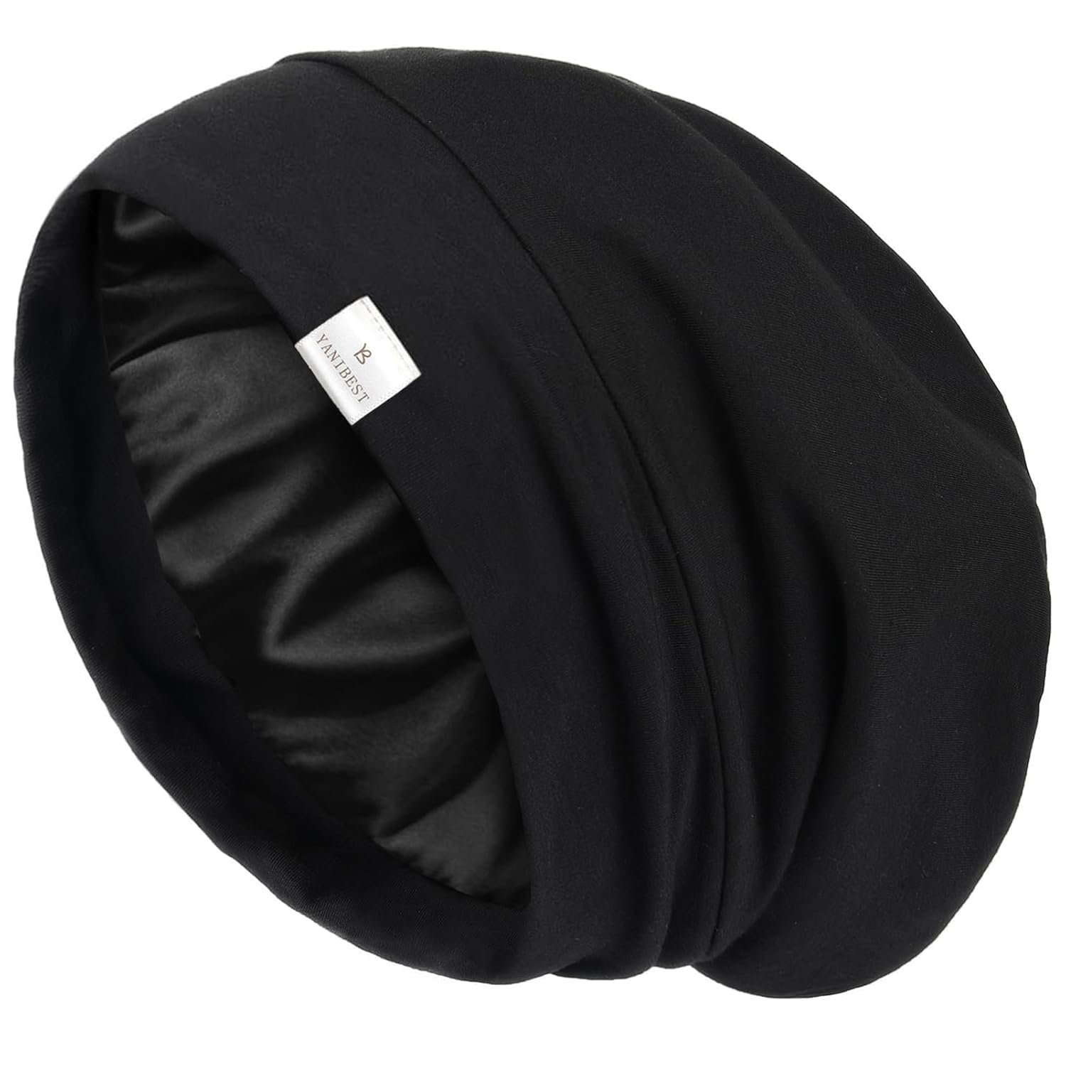 YANIBEST Hair Cover Bonnet Satin Sleep Cap – Adjustable Stay on Silk Lined Slouchy Beanie for Night Sleeping Surgical Hats Pure Black