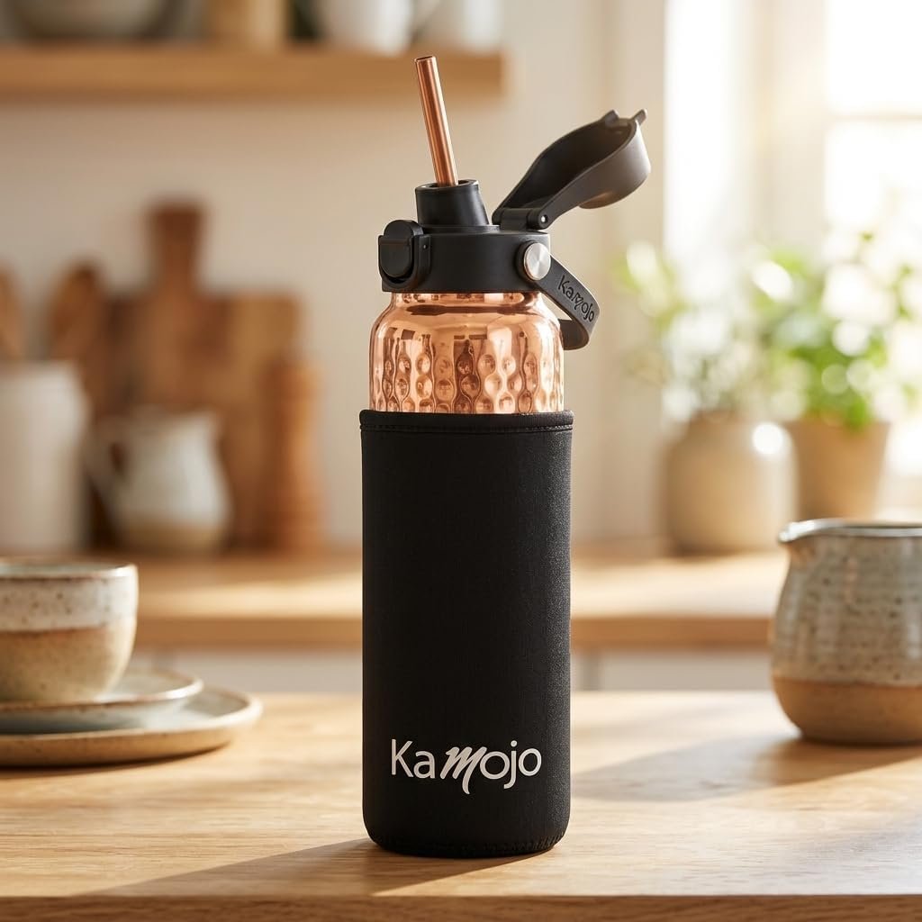 Kamojo Pure Copper Water Bottle for Drinking – Push Button Lid, Removable Insulating Sleeve & Straw – Hammered Handcrafted 32 fl oz Ayurvedic Cup for Water